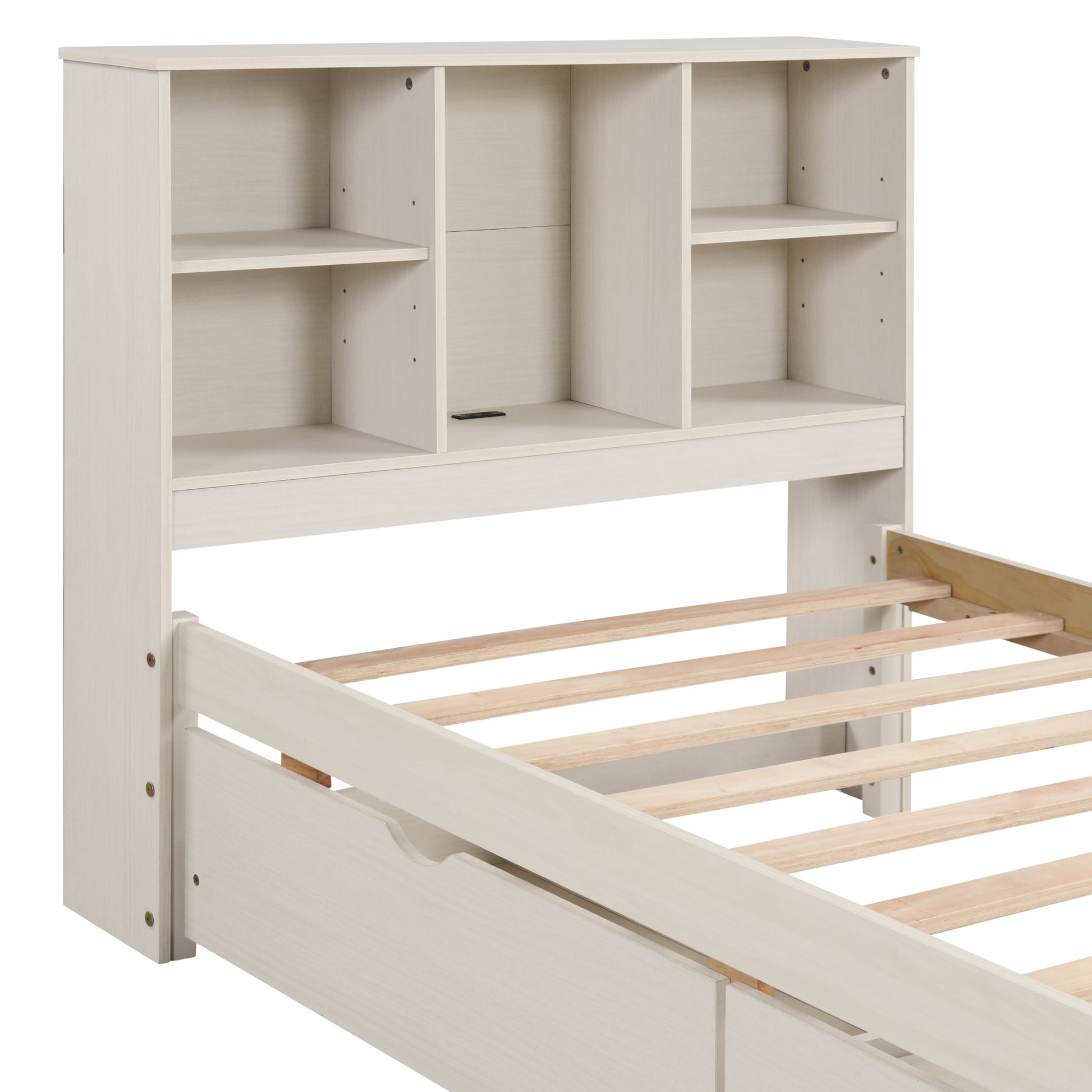 Modern Twin Size Bed Frame With Built In Usb Port On Bookcase Headboard And 2 Drawers For White Washed Color Box Spring Not Required Twin White Washed Bedroom Bed Frame Particle Board
