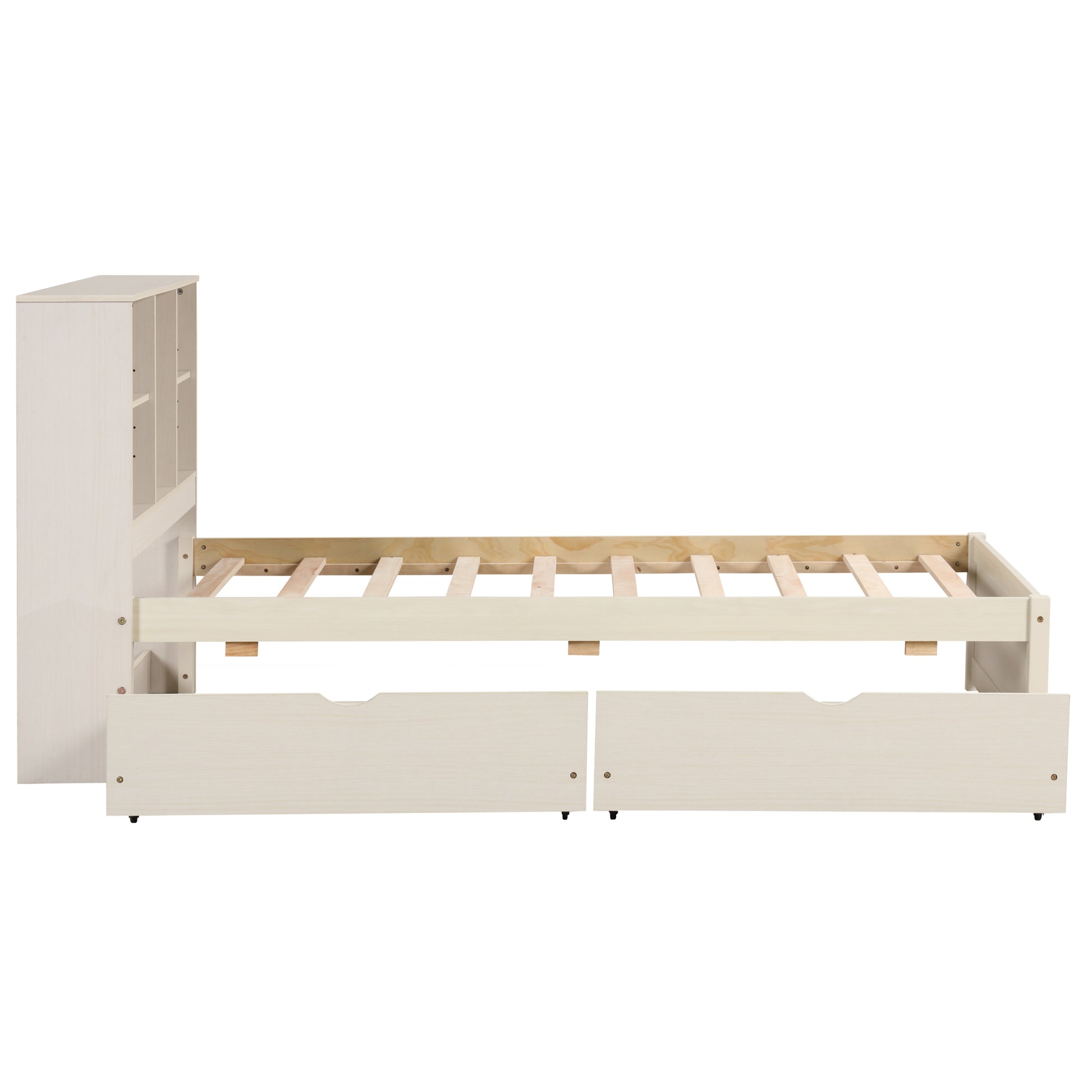 Modern Twin Size Bed Frame With Built In Usb Port On Bookcase Headboard And 2 Drawers For White Washed Color Box Spring Not Required Twin White Washed Bedroom Bed Frame Particle Board