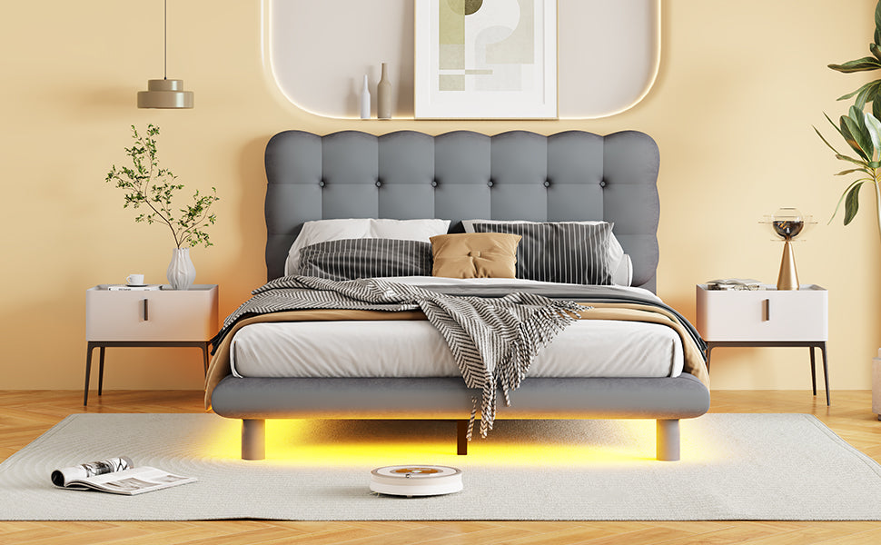 Full Size Velvet Platform Bed With Led Frame, Thick & Soft Fabric And Button Tufted Design Headboard, Gray Gray Velvet