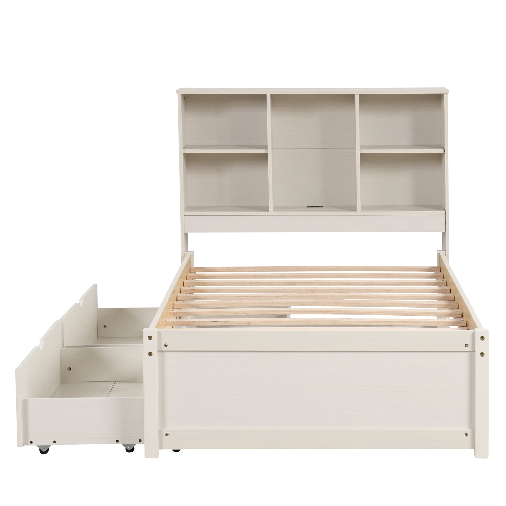 Modern Twin Size Bed Frame With Built In Usb Port On Bookcase Headboard And 2 Drawers For White Washed Color Box Spring Not Required Twin White Washed Bedroom Bed Frame Particle Board