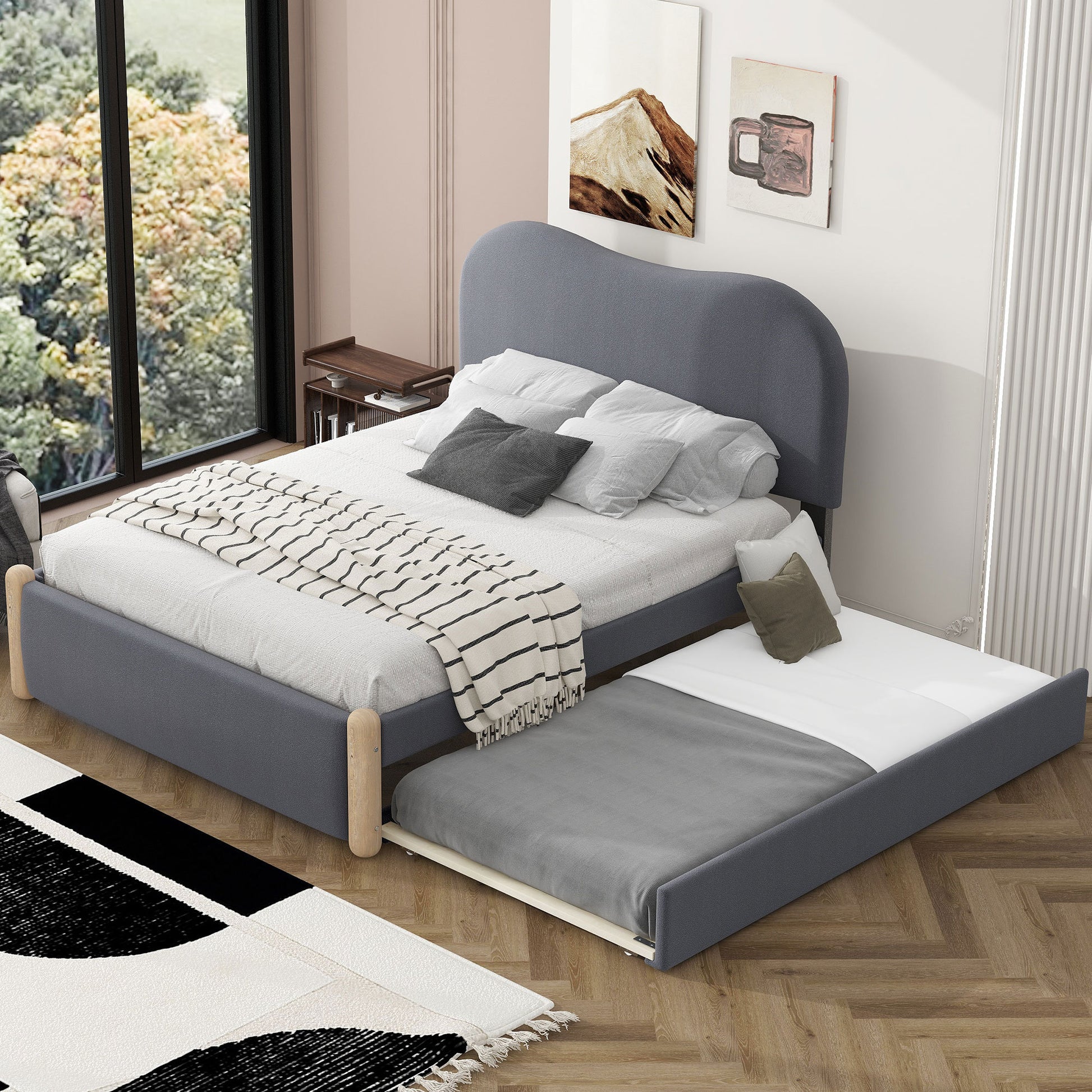 Full Size Upholstered Platform Bed With Wood Supporting Feet And Twin Size Trundle, Gray Box Spring Not Required Full Gray Wood Bedroom Upholstered