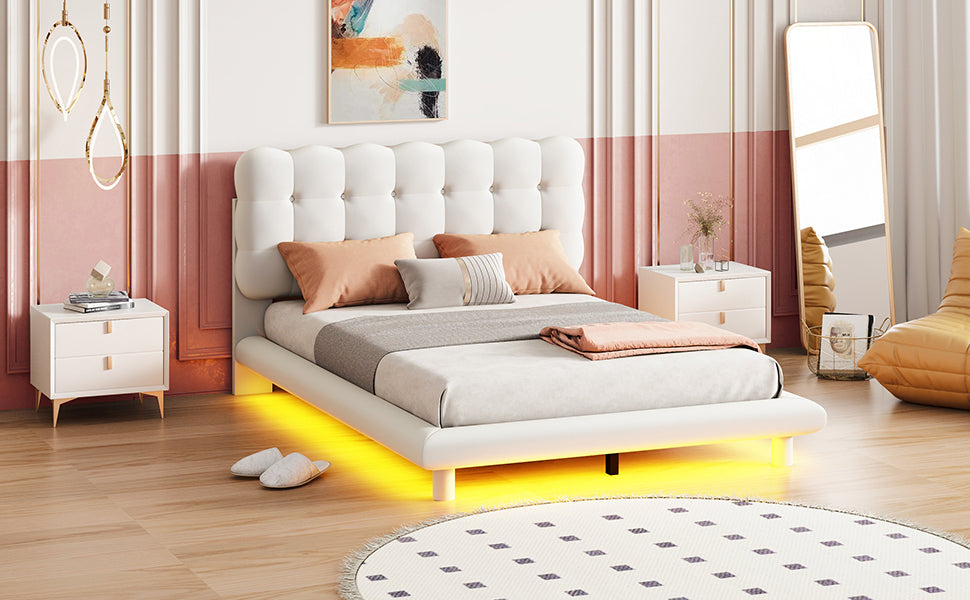 Full Size Velvet Platform Bed With Led Frame, Thick & Soft Fabric And Button Tufted Design Headboard, Beige Beige Velvet