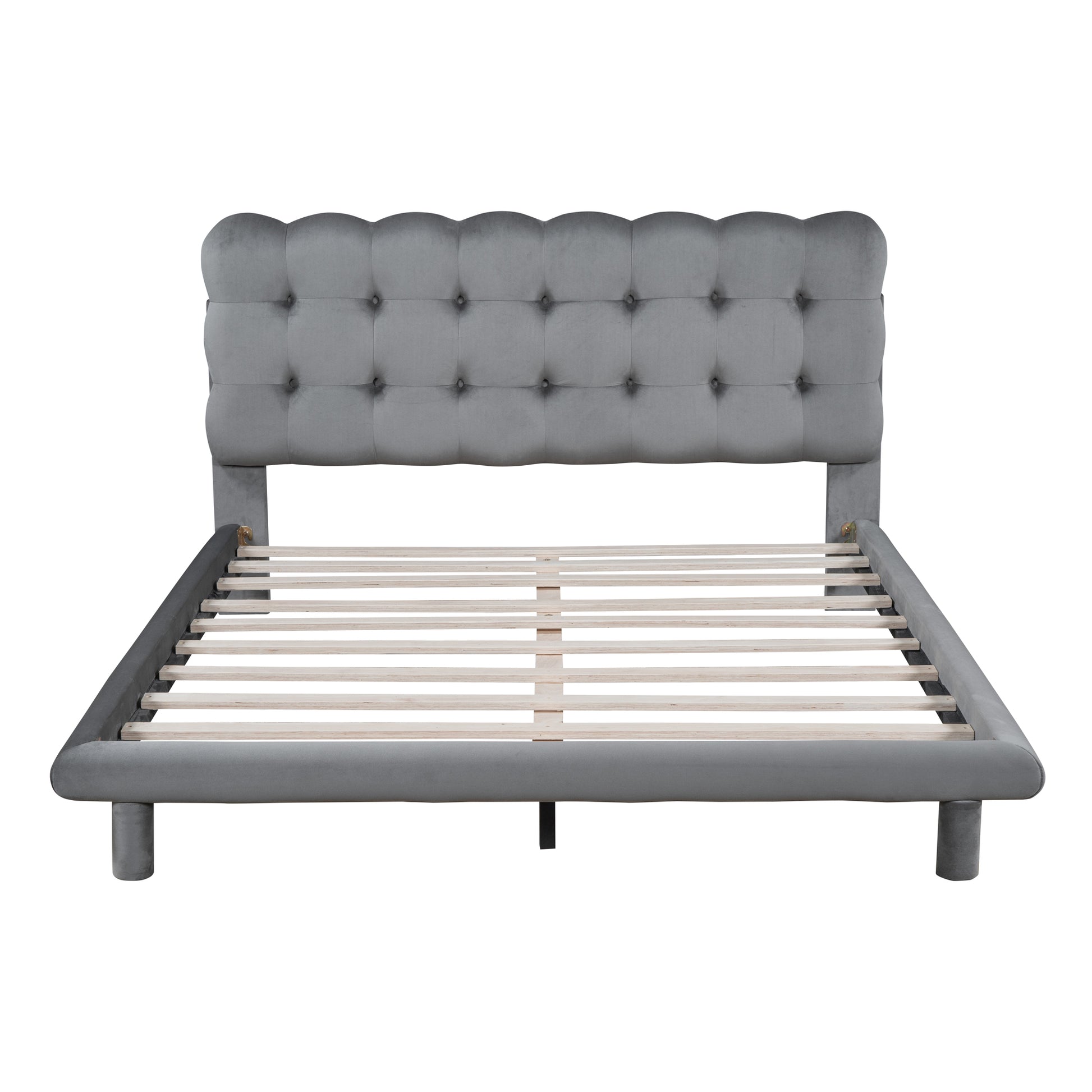 Queen Size Velvet Platform Bed With Led Frame, Thick & Soft Fabric And Button Tufted Design Headboard, Gray Gray Velvet
