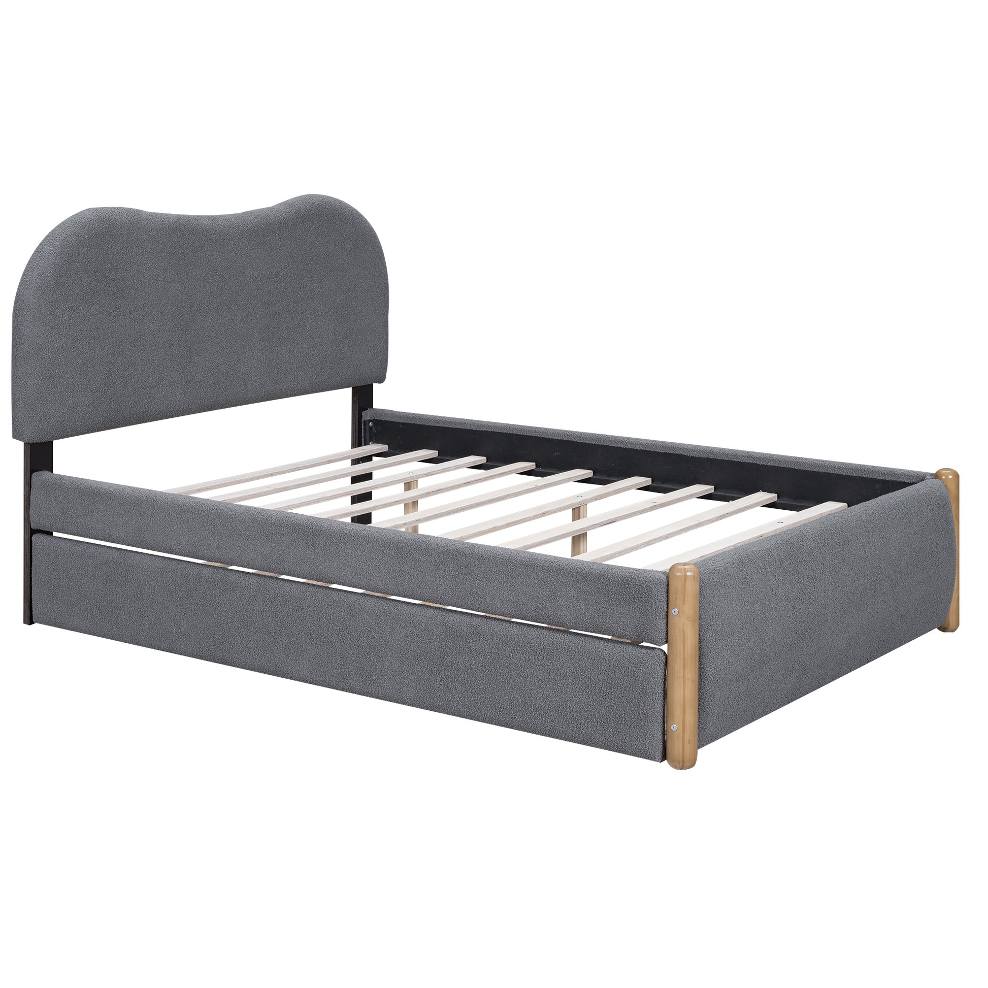 Full Size Upholstered Platform Bed With Wood Supporting Feet And Twin Size Trundle, Gray Box Spring Not Required Full Gray Wood Bedroom Upholstered