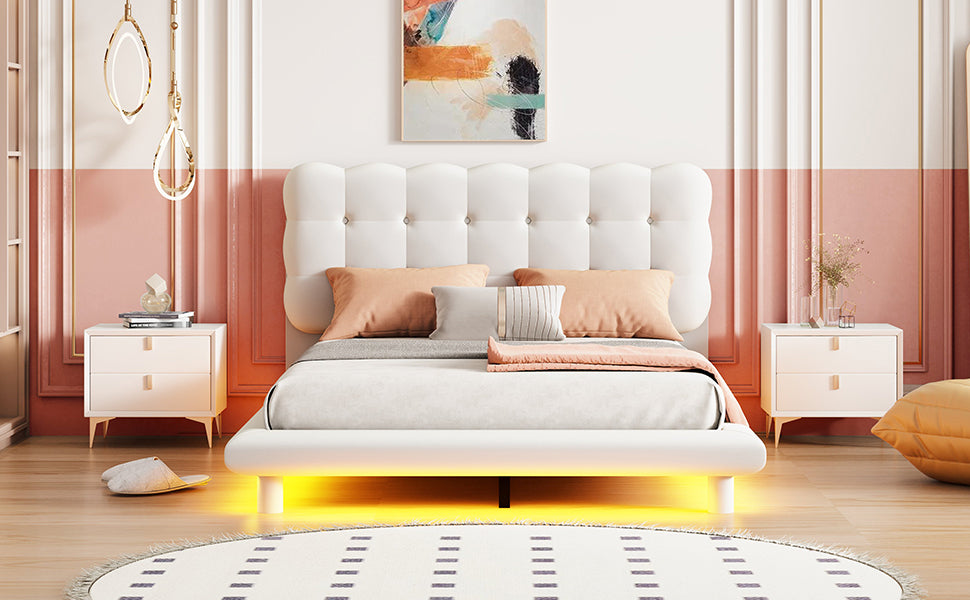 Full Size Velvet Platform Bed With Led Frame, Thick & Soft Fabric And Button Tufted Design Headboard, Beige Beige Velvet
