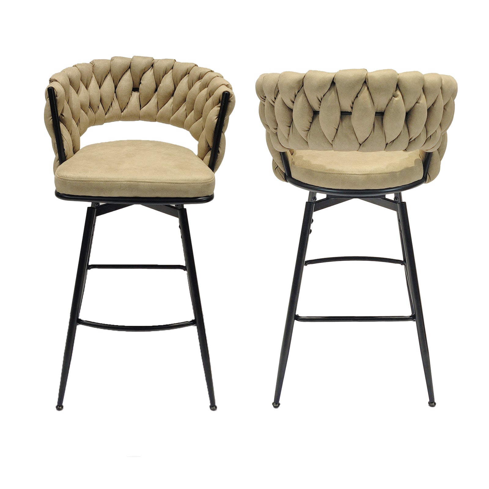 Technical Leather Woven Bar Stool Set Of 2,Black Legs Barstools No Adjustable Kitchen Island Chairs,360 Swivel Bar Stools Upholstered Counter Stool Arm Chairs With Back Footrest, Light Brown Light Brown Technical Leather