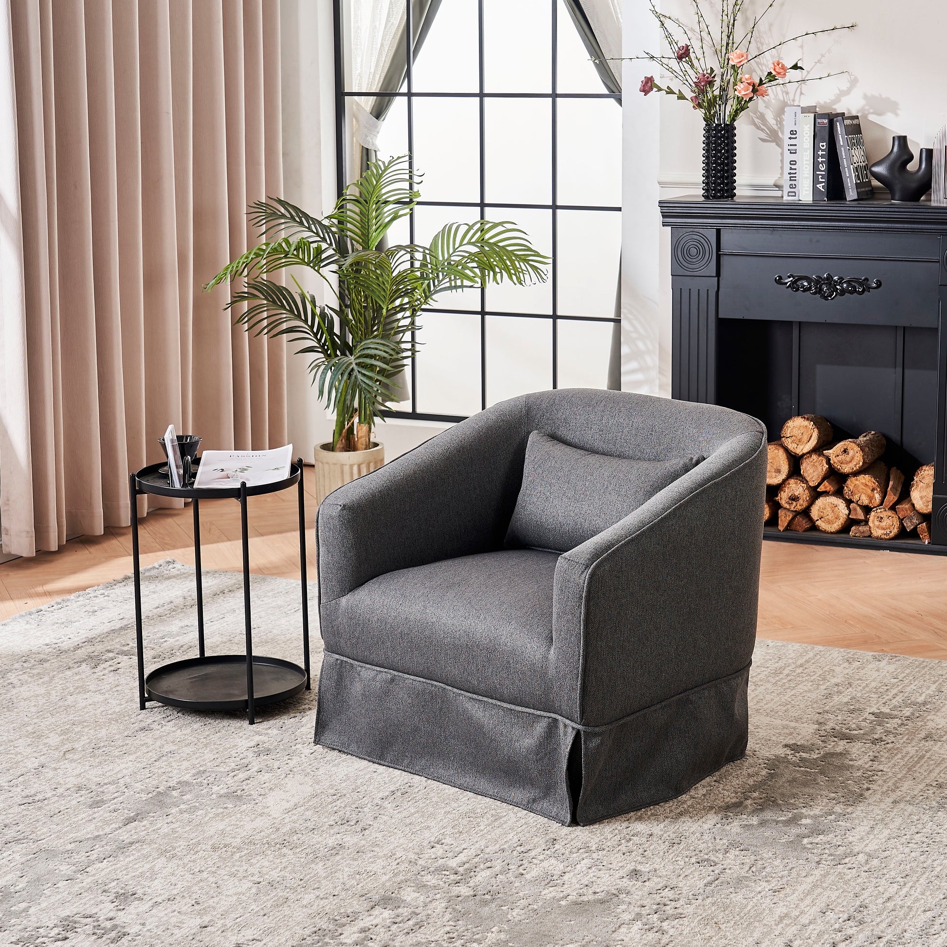 Swivel Barrel Chair With Ottoman, Swivel Accent Chairs Armchair For Living Room, Reading Chairs For Bedroom Comfy, Round Barrel Chairs With Black Metal Base Dark Grey Dark Gray Primary Living Space Modern Linen
