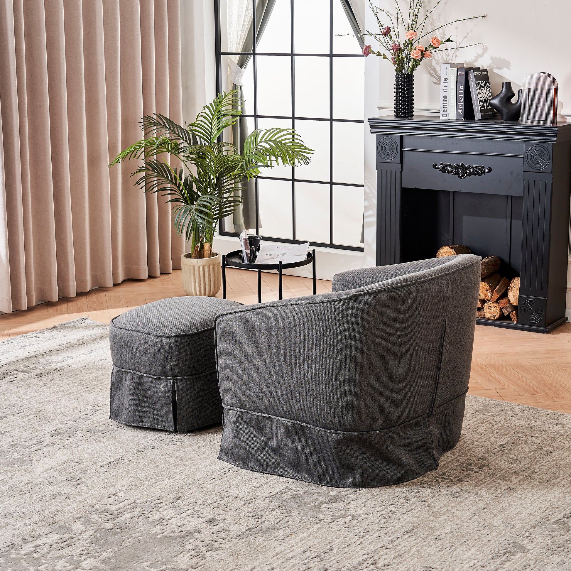 Swivel Barrel Chair With Ottoman, Swivel Accent Chairs Armchair For Living Room, Reading Chairs For Bedroom Comfy, Round Barrel Chairs With Black Metal Base Dark Grey Dark Gray Primary Living Space Modern Linen