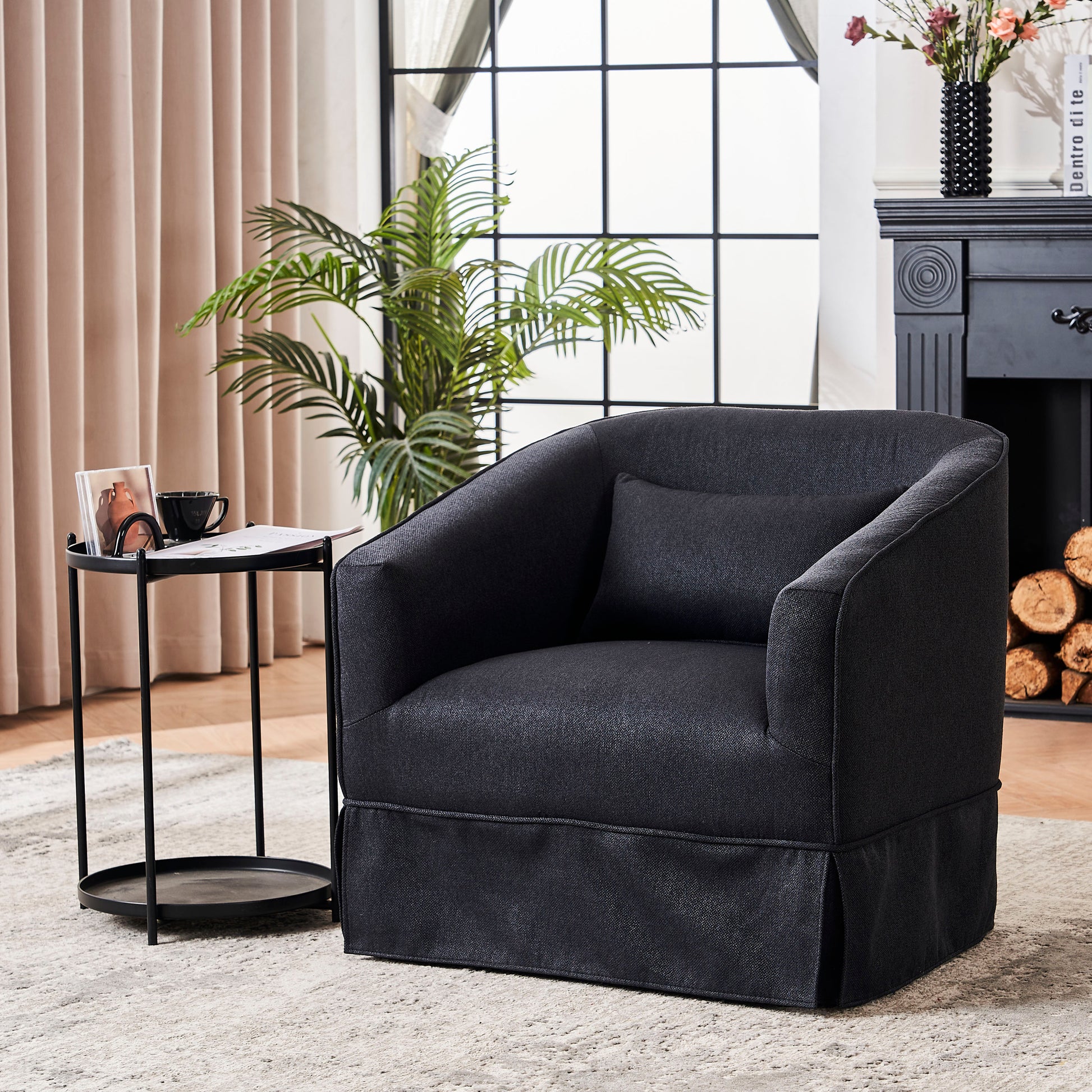 Swivel Barrel Chair With Ottoman, Swivel Accent Chairs Armchair For Living Room, Reading Chairs For Bedroom Comfy, Round Barrel Chairs With Black Metal Base Black Black Primary Living Space Modern Linen