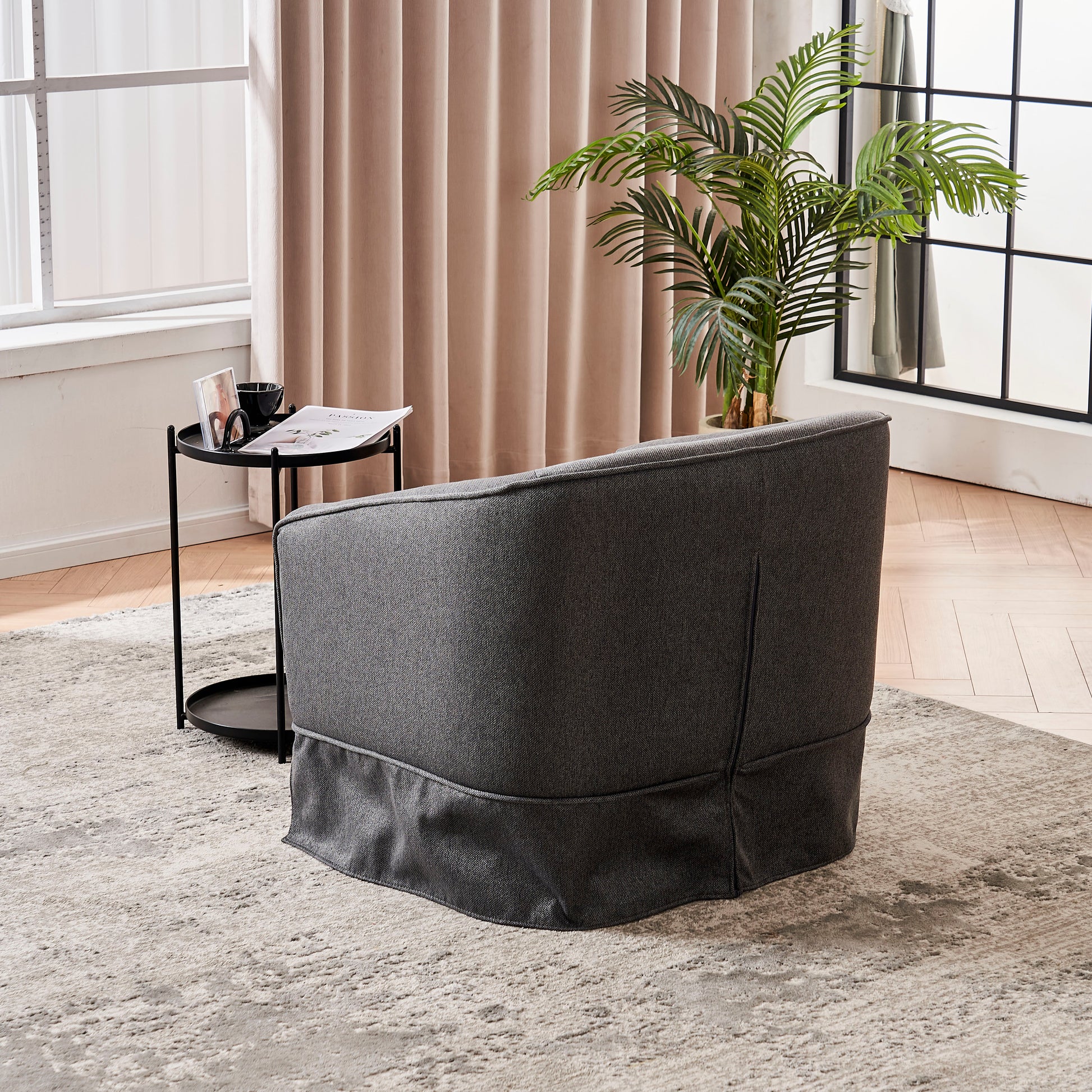 Swivel Barrel Chair With Ottoman, Swivel Accent Chairs Armchair For Living Room, Reading Chairs For Bedroom Comfy, Round Barrel Chairs With Black Metal Base Dark Grey Dark Gray Primary Living Space Modern Linen