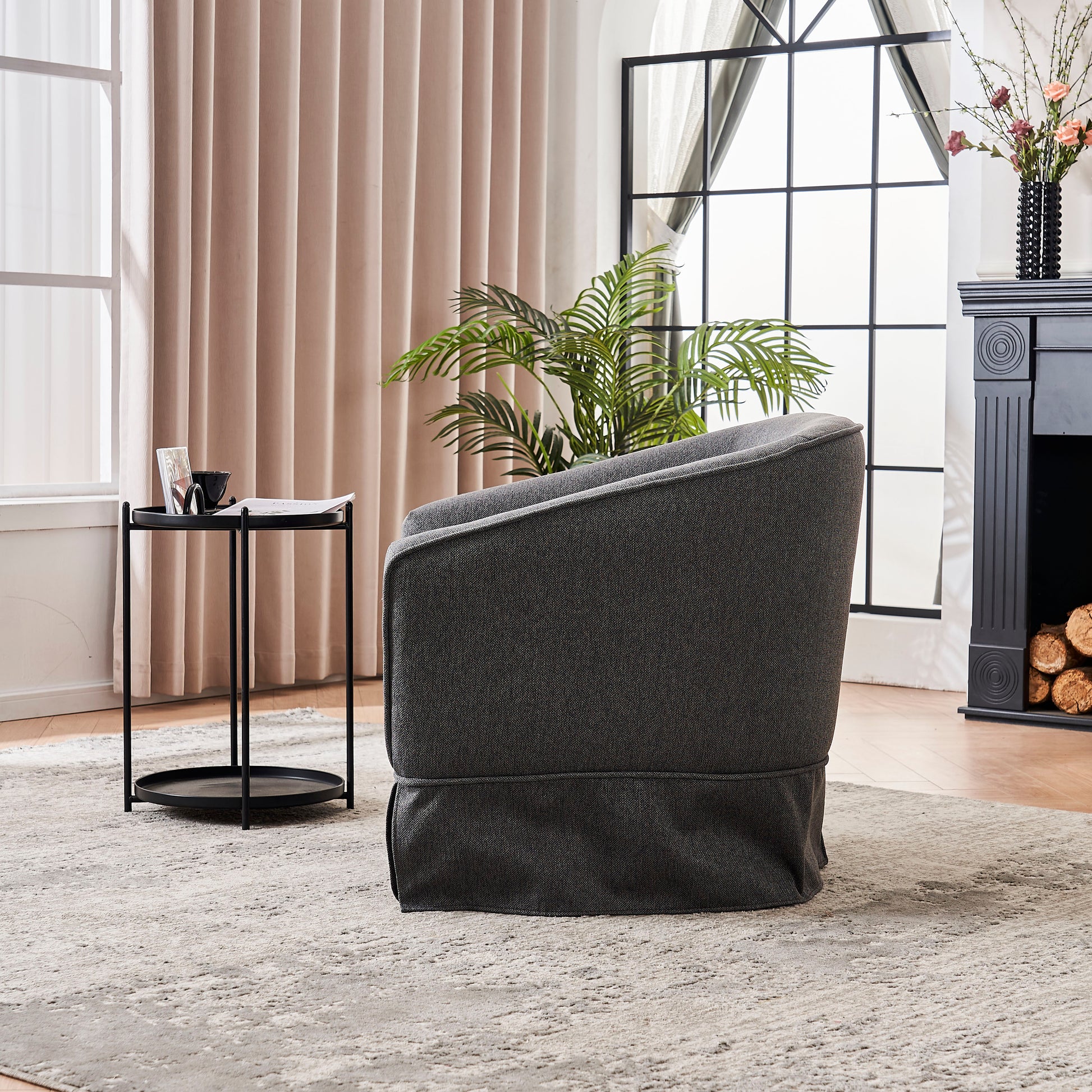 Swivel Barrel Chair With Ottoman, Swivel Accent Chairs Armchair For Living Room, Reading Chairs For Bedroom Comfy, Round Barrel Chairs With Black Metal Base Dark Grey Dark Gray Primary Living Space Modern Linen