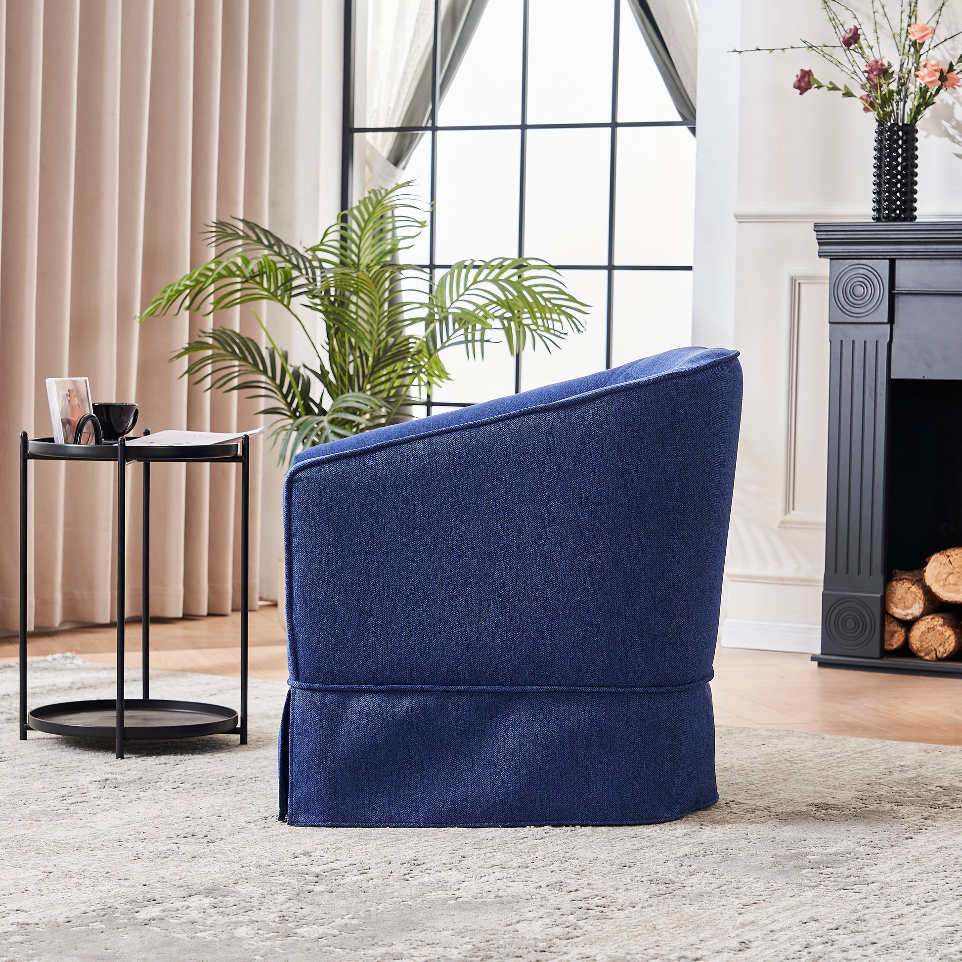 Swivel Barrel Chair With Ottoman, Swivel Accent Chairs Armchair For Living Room, Reading Chairs For Bedroom Comfy, Round Barrel Chairs With Black Metal Base Blue Blue Primary Living Space Modern Linen
