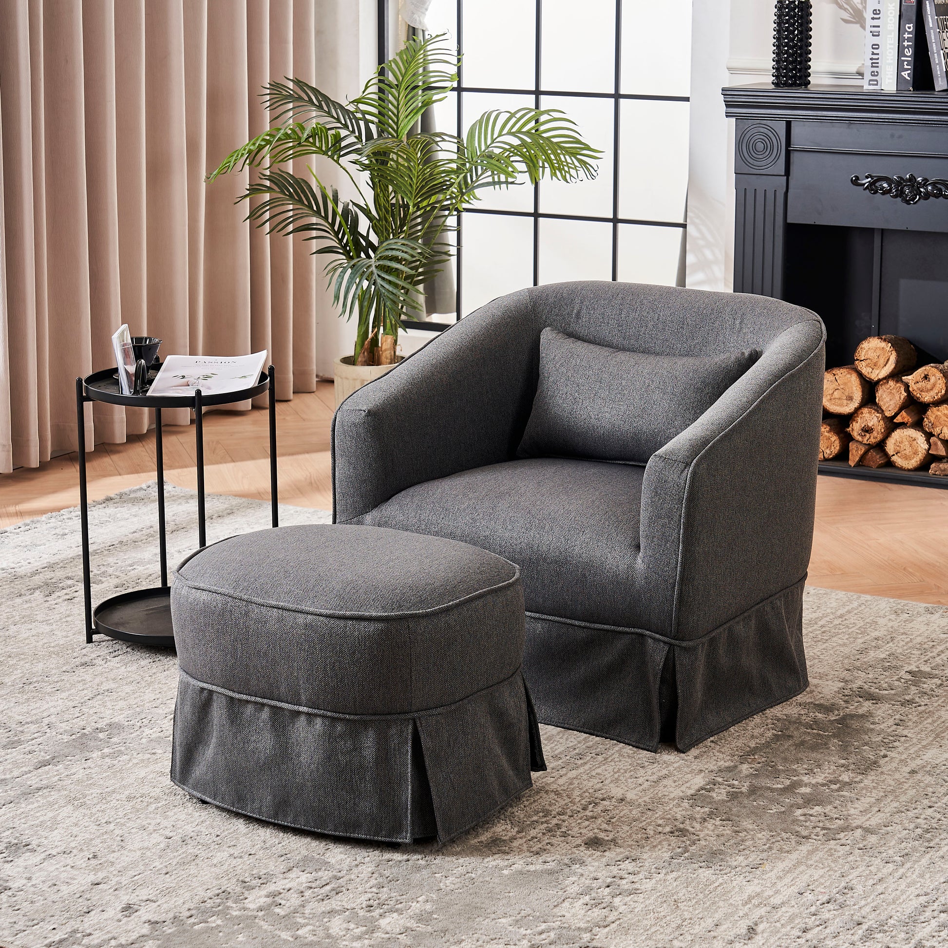 Swivel Barrel Chair With Ottoman, Swivel Accent Chairs Armchair For Living Room, Reading Chairs For Bedroom Comfy, Round Barrel Chairs With Black Metal Base Dark Grey Dark Gray Primary Living Space Modern Linen