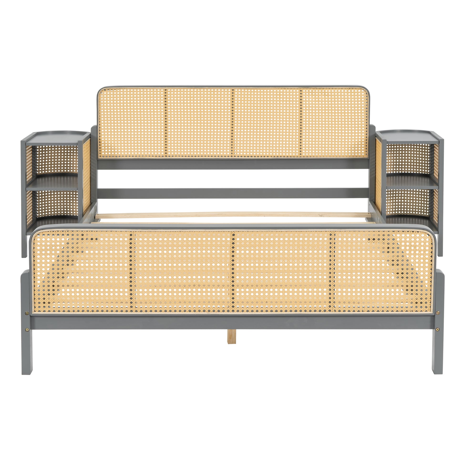 3 Pieces Rattan Platform Full Size Bed With 2 Nightstands,Gray Gray Rattan