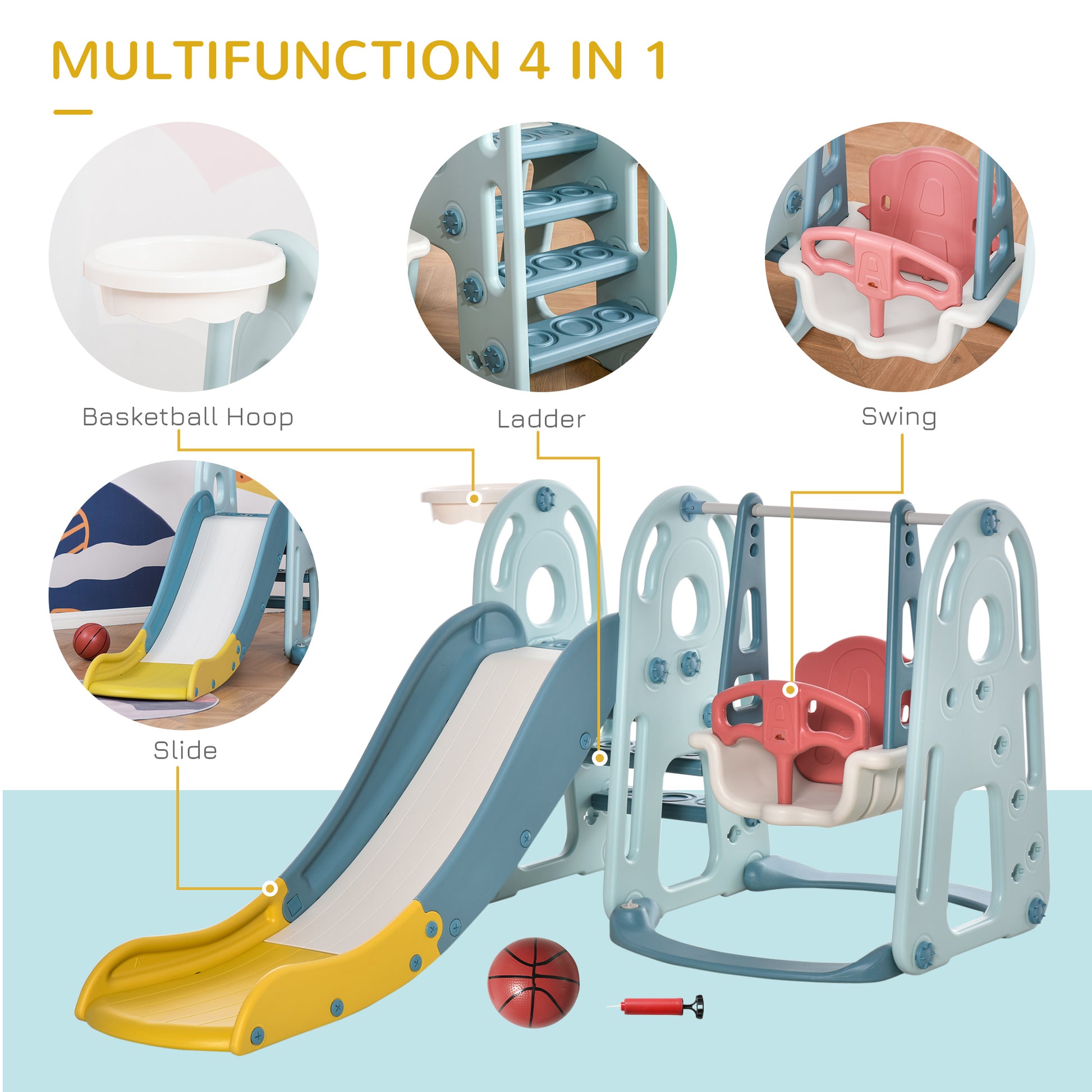 4 In 1 Toddler Slide And Swing Set With Adjustable Seat Height And Basketball Hoop, Freestanding Kids Climber Slide Playset With Basket Ball For Indoor Outdoor Playground Aged 18 60 Months Multicolor Hdpe