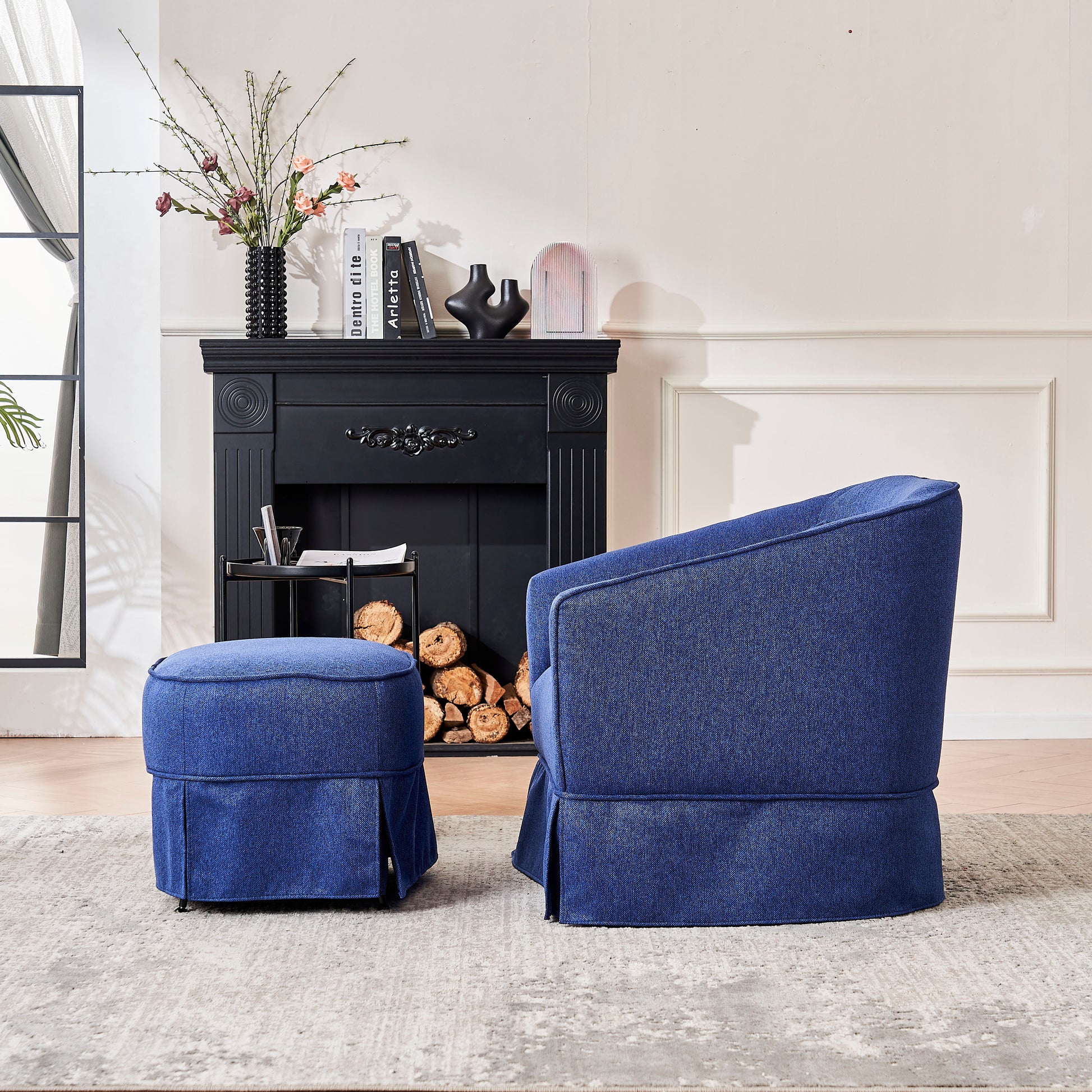 Swivel Barrel Chair With Ottoman, Swivel Accent Chairs Armchair For Living Room, Reading Chairs For Bedroom Comfy, Round Barrel Chairs With Black Metal Base Blue Blue Primary Living Space Modern Linen