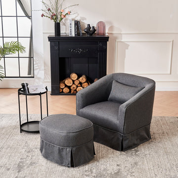 Swivel Barrel Chair With Ottoman, Swivel Accent Chairs Armchair For Living Room, Reading Chairs For Bedroom Comfy, Round Barrel Chairs With Black Metal Base Dark Grey Dark Gray Primary Living Space Modern Linen