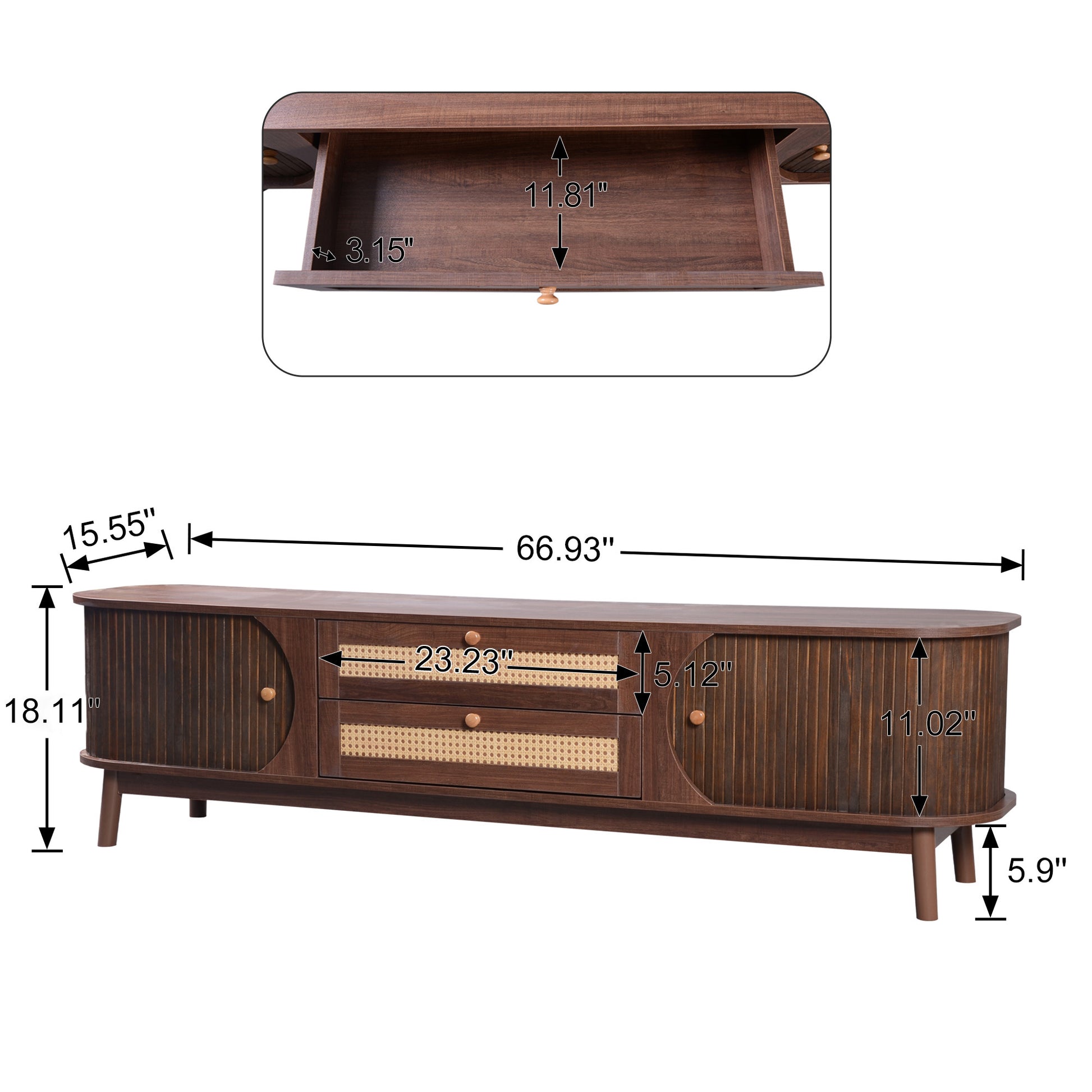 Rattan Tv Stand For Tvs Up To 75'', Modern Farmhouse Media Console, Entertainment Center With Solid Wood Legs, Tv Cabinet For Living Room,Home Theatre Natural Wood Brown Primary Living Space 60 69 Inches Solid Wood Mdf