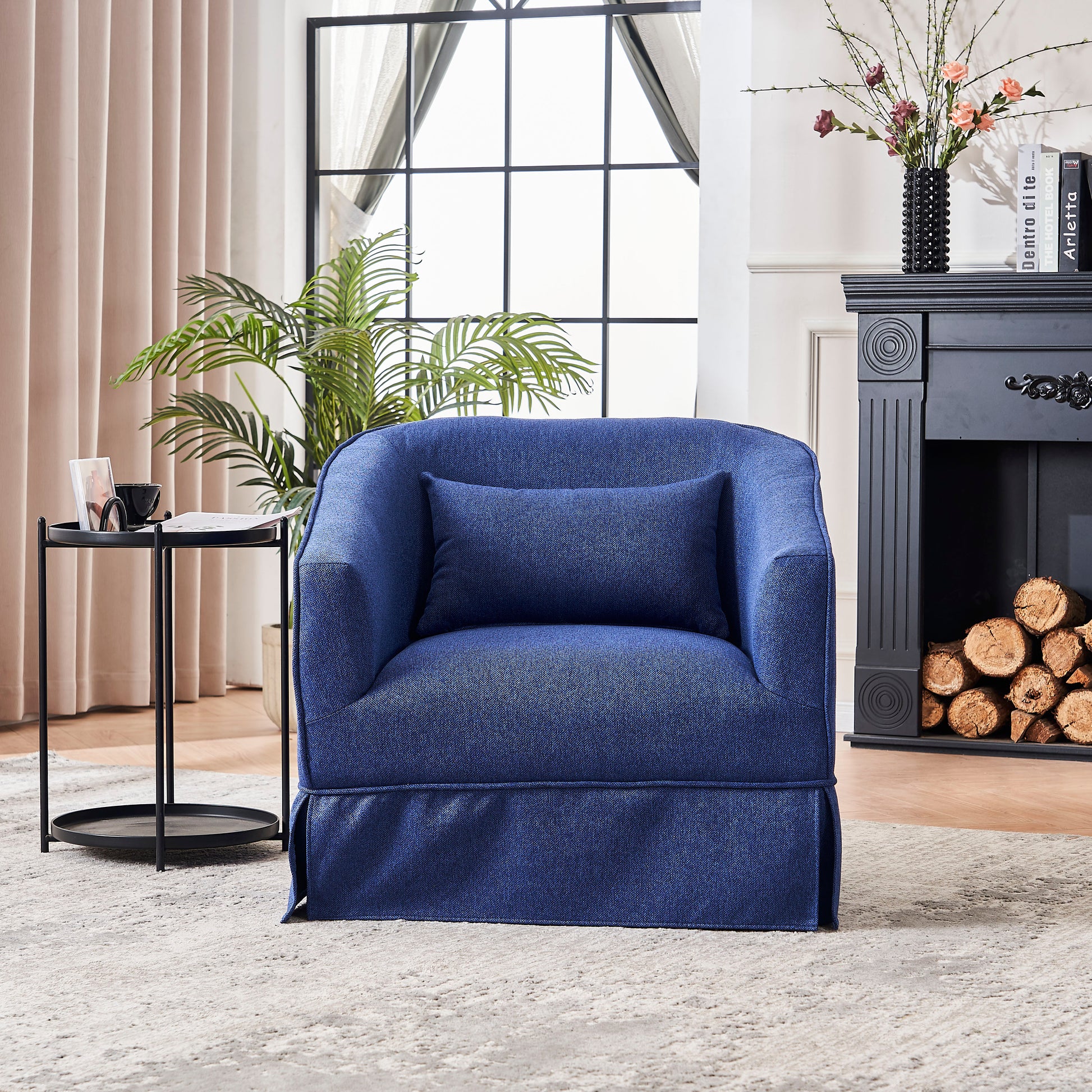 Swivel Barrel Chair With Ottoman, Swivel Accent Chairs Armchair For Living Room, Reading Chairs For Bedroom Comfy, Round Barrel Chairs With Black Metal Base Blue Blue Primary Living Space Modern Linen