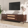 Rattan Tv Stand For Tvs Up To 75'', Modern Farmhouse Media Console, Entertainment Center With Solid Wood Legs, Tv Cabinet For Living Room,Home Theatre Natural Wood Brown Primary Living Space 60 69 Inches Solid Wood Mdf