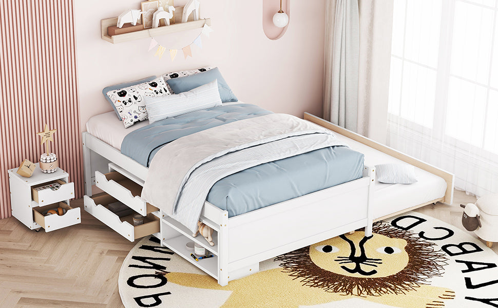 Versatile Full Bed With Trundle,Under Bed Storage Box And Nightstand .White Full White Pine