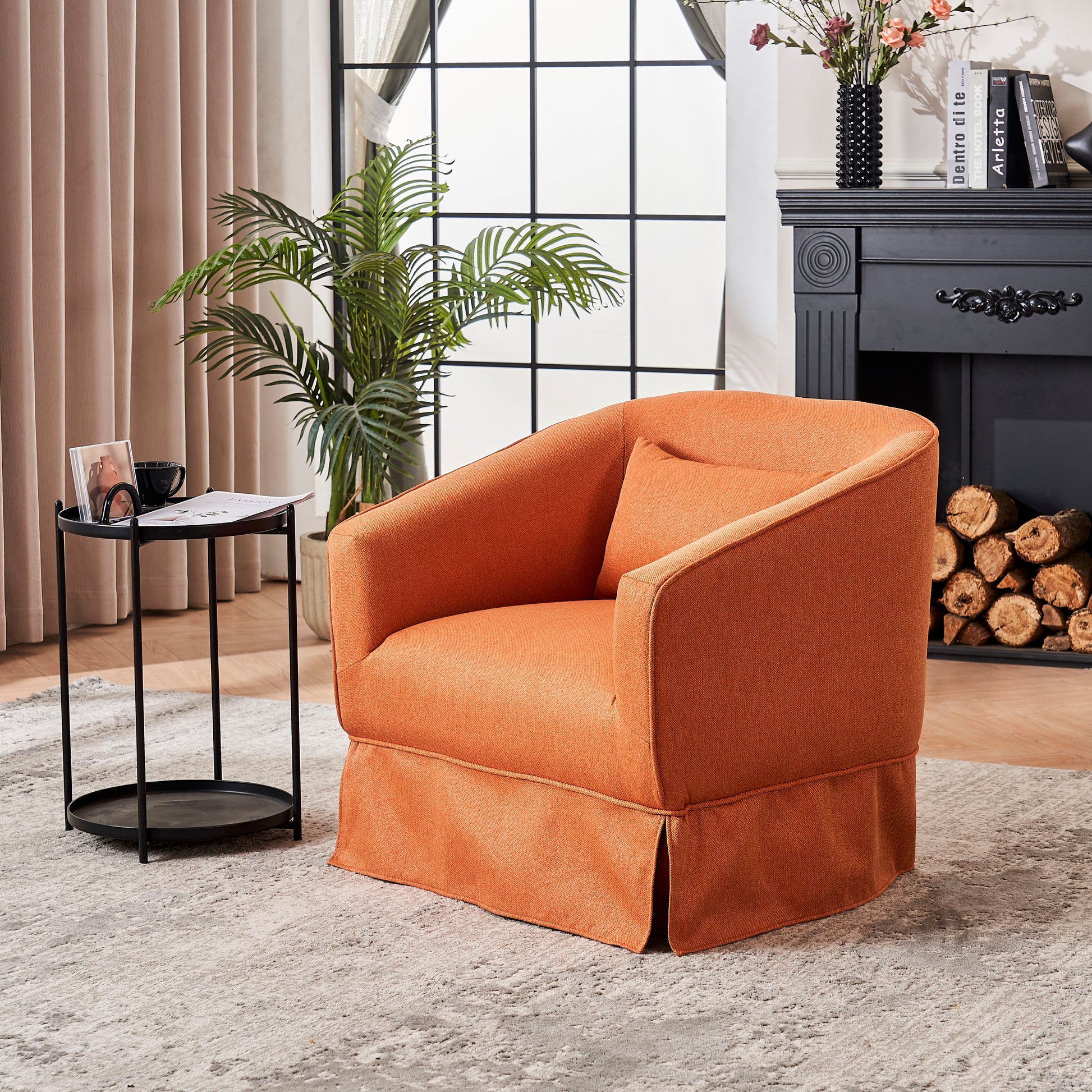 Swivel Barrel Chair With Ottoman, Swivel Accent Chairs Armchair For Living Room, Reading Chairs For Bedroom Comfy, Round Barrel Chairs With Black Metal Base Orange Orange Primary Living Space Modern Linen