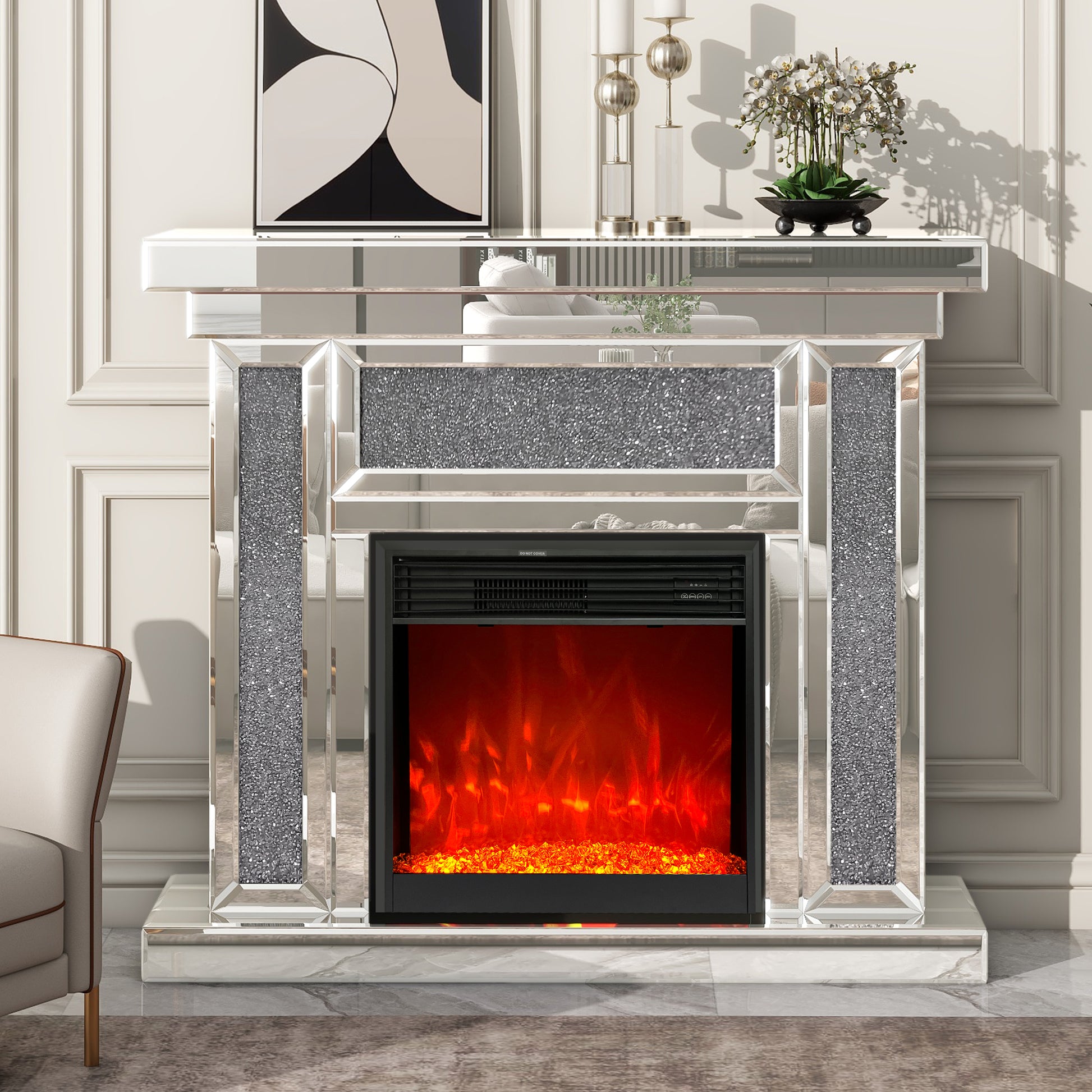 Mirrored Electric Fireplace 7 Colors Adjustable 3D Flame With Mantel, Remote Control, Silver Silver Mdf Glass
