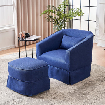 Swivel Barrel Chair With Ottoman, Swivel Accent Chairs Armchair For Living Room, Reading Chairs For Bedroom Comfy, Round Barrel Chairs With Black Metal Base Blue Blue Primary Living Space Modern Linen