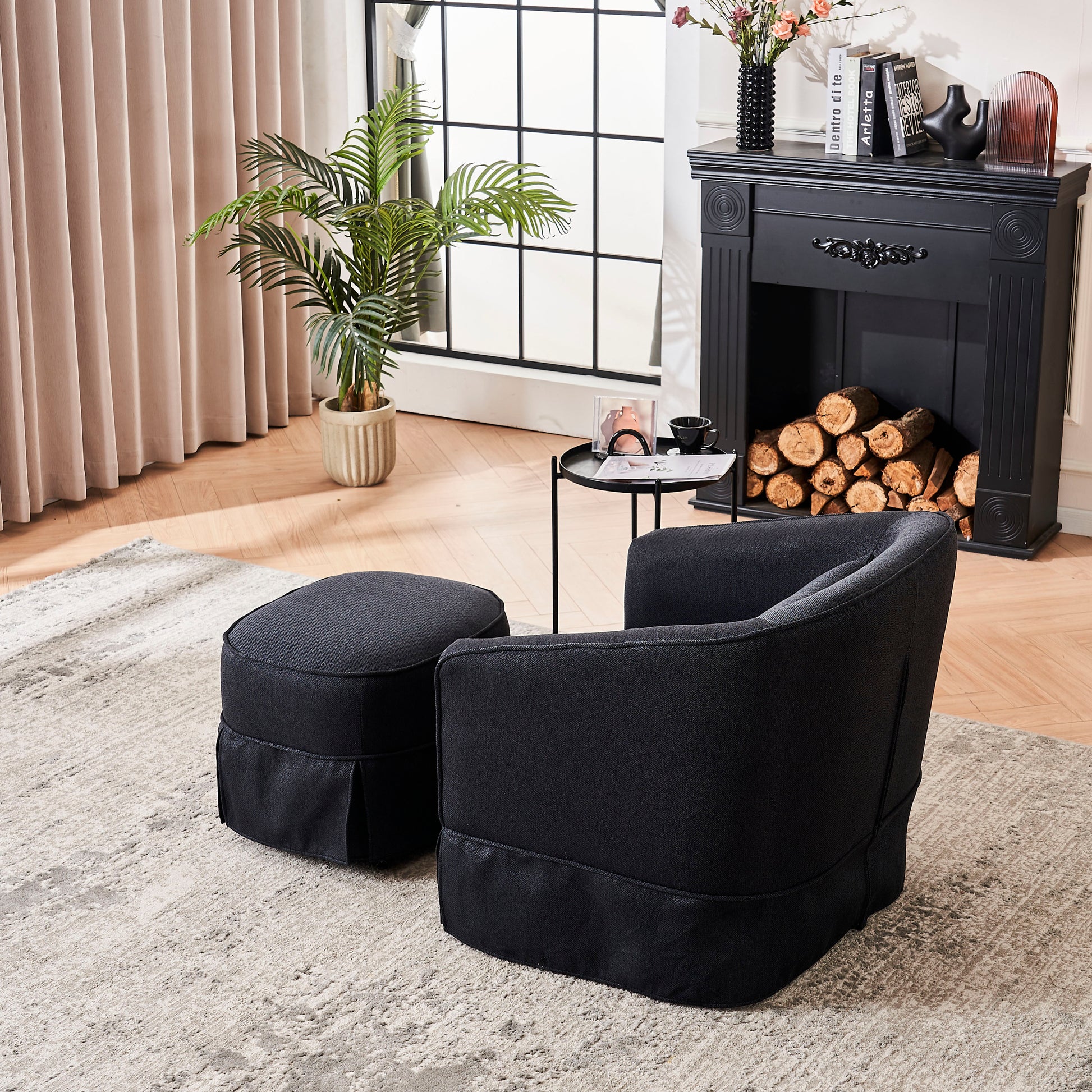 Swivel Barrel Chair With Ottoman, Swivel Accent Chairs Armchair For Living Room, Reading Chairs For Bedroom Comfy, Round Barrel Chairs With Black Metal Base Black Black Primary Living Space Modern Linen
