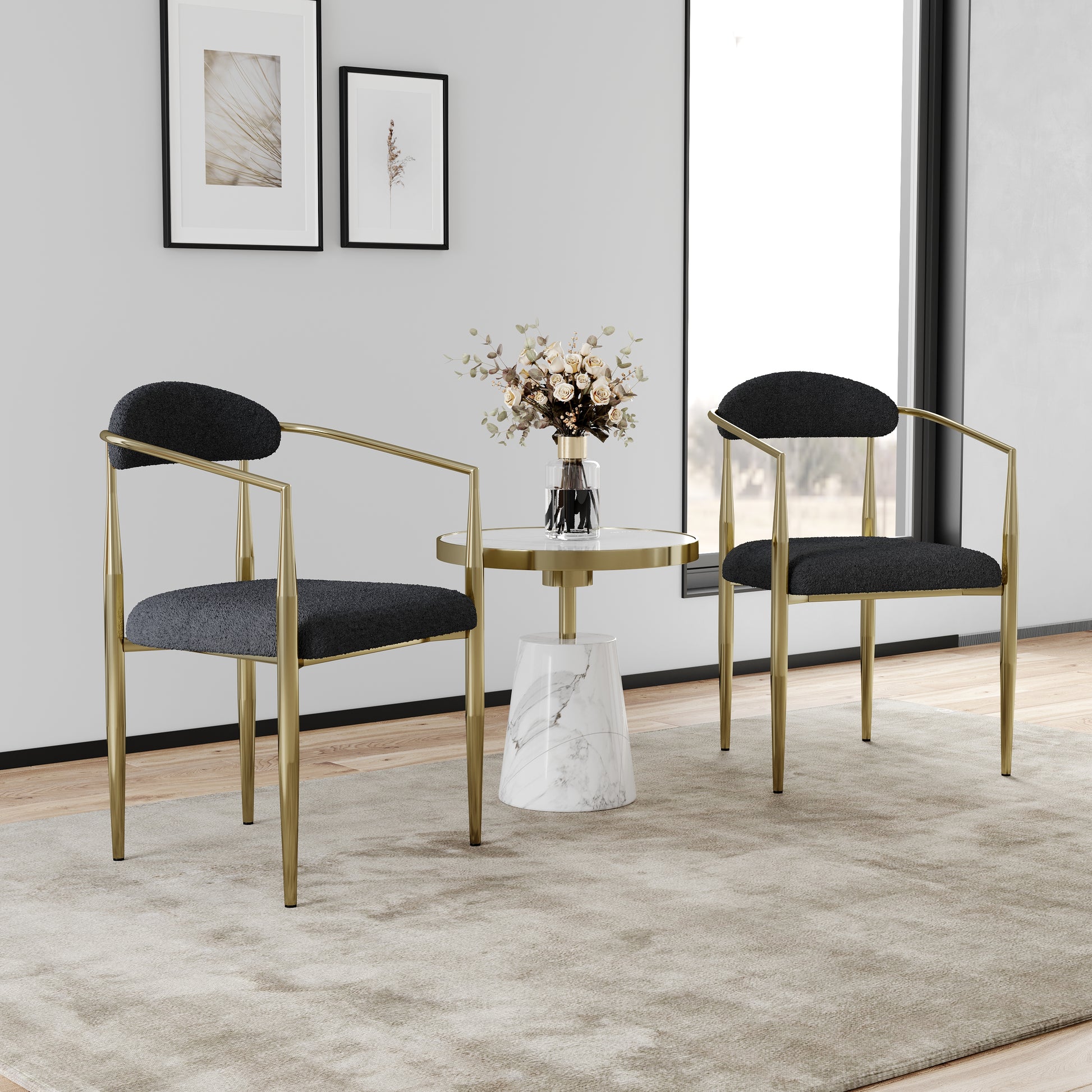 Woker Dining Chairs Set Of 2, Mid Century Modern Dining Chairs, Kitchen Dining Room Chairs, Round Boucle Backrest Sherpa Dining Chair With Black Metal Legs Iron White Black Dining Room Foam Round Dining Chairs Foam Metal