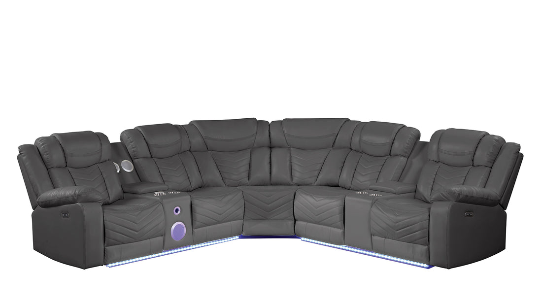 Modern Style Recliner Sectional Sofa, Built In Usb C Ports & Bluetooth, Made With Wood & Faux Leather In Gray Gray Faux Leather Wood Primary Living Space Soft Contemporary,Modern Curved Solid Wood