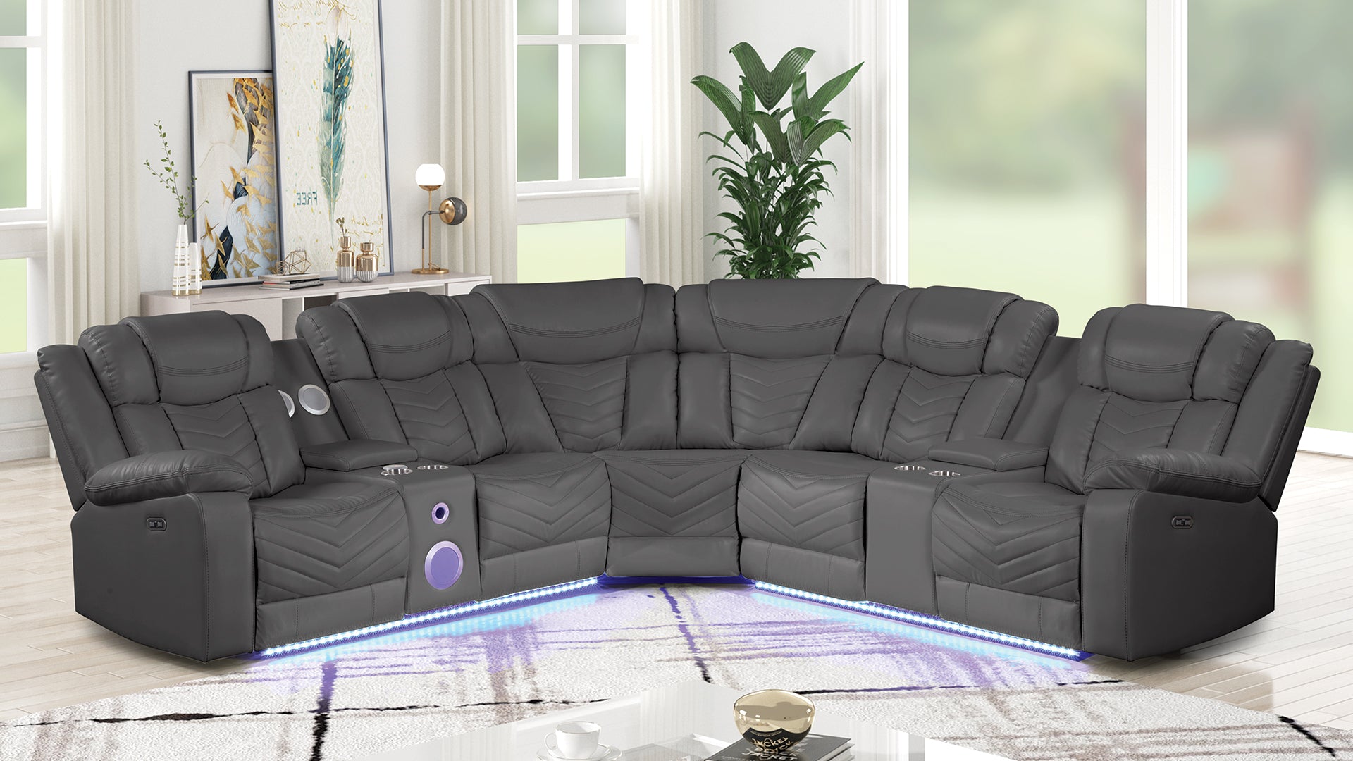 Modern Style Recliner Sectional Sofa, Built In Usb C Ports & Bluetooth, Made With Wood & Faux Leather In Gray Gray Faux Leather Wood Primary Living Space Soft Contemporary,Modern Curved Solid Wood