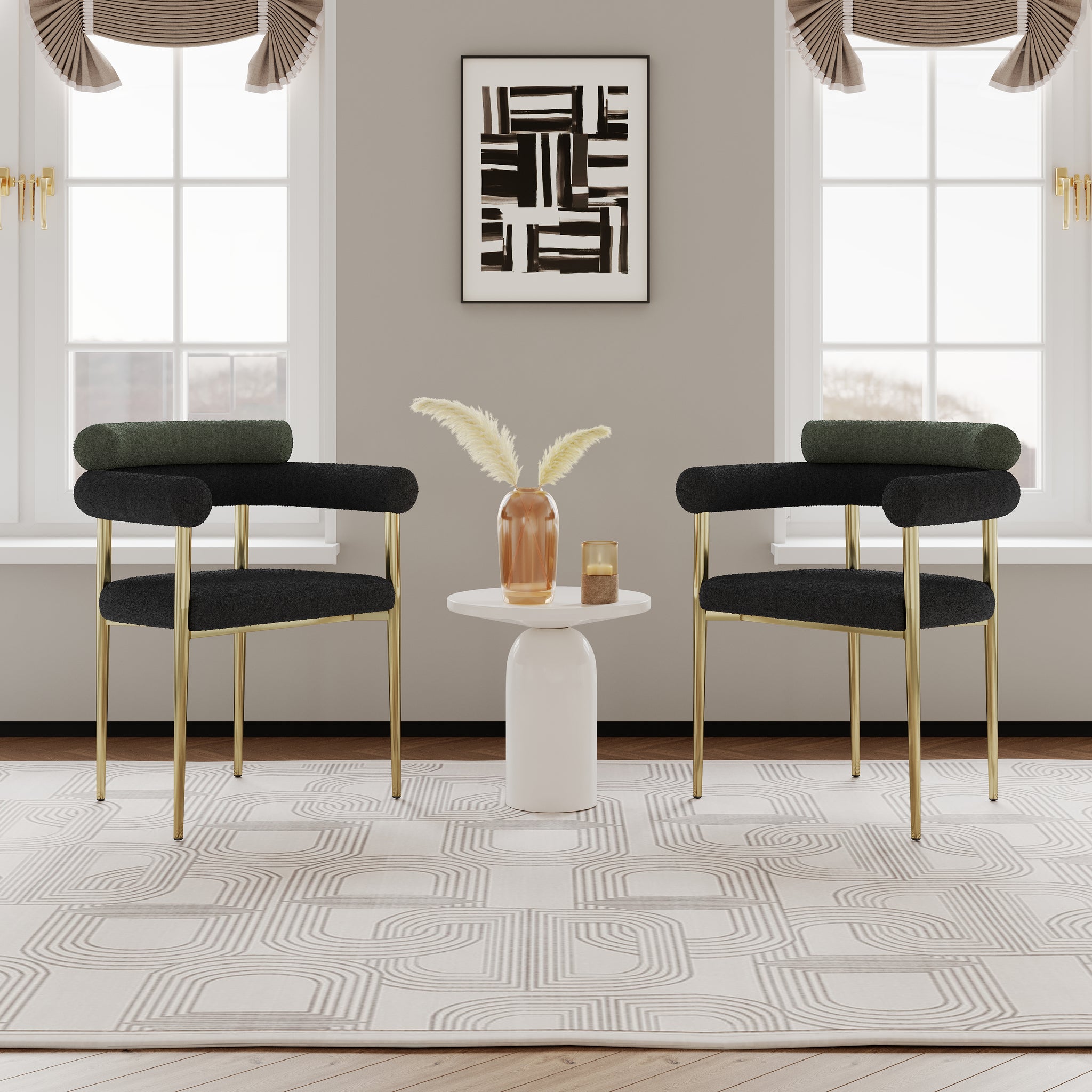 Woker Dining Chairs Set Of 2, Mid Century Modern Dining Chairs, Kitchen Dining Room Chairs, Round Boucle Backrest Sherpa Dining Chair With Brushed Bronze Metal Legs Iron Dark Green Black Dining Room Foam Round Dining Chairs Foam Metal