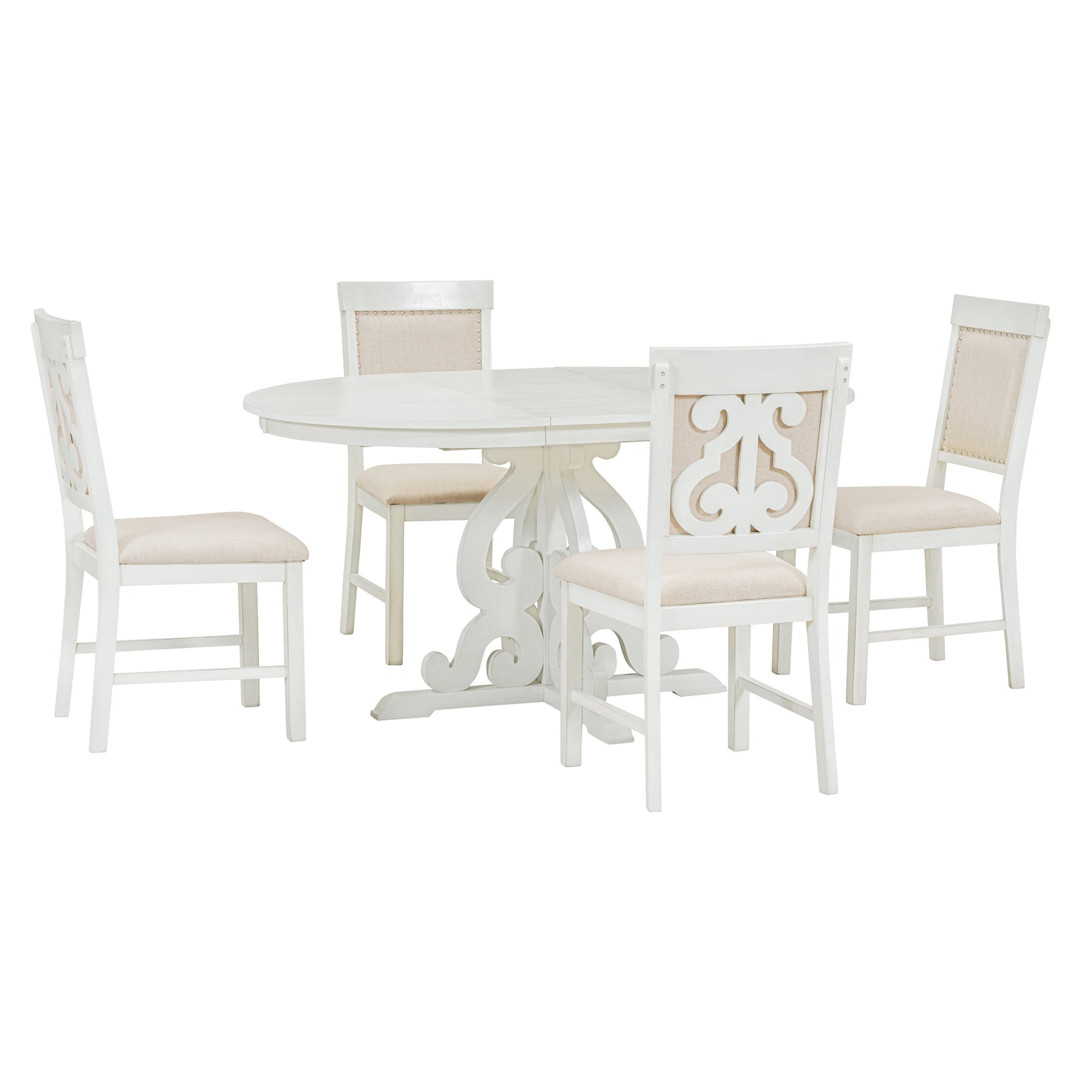 5 Piece Retro Functional Dining Set, 1 Extendable Table With A 16 Inch Leaf And 4 Upholstered Chairs For Dining Room And Kitchen Antique White Antique White Solid Wood
