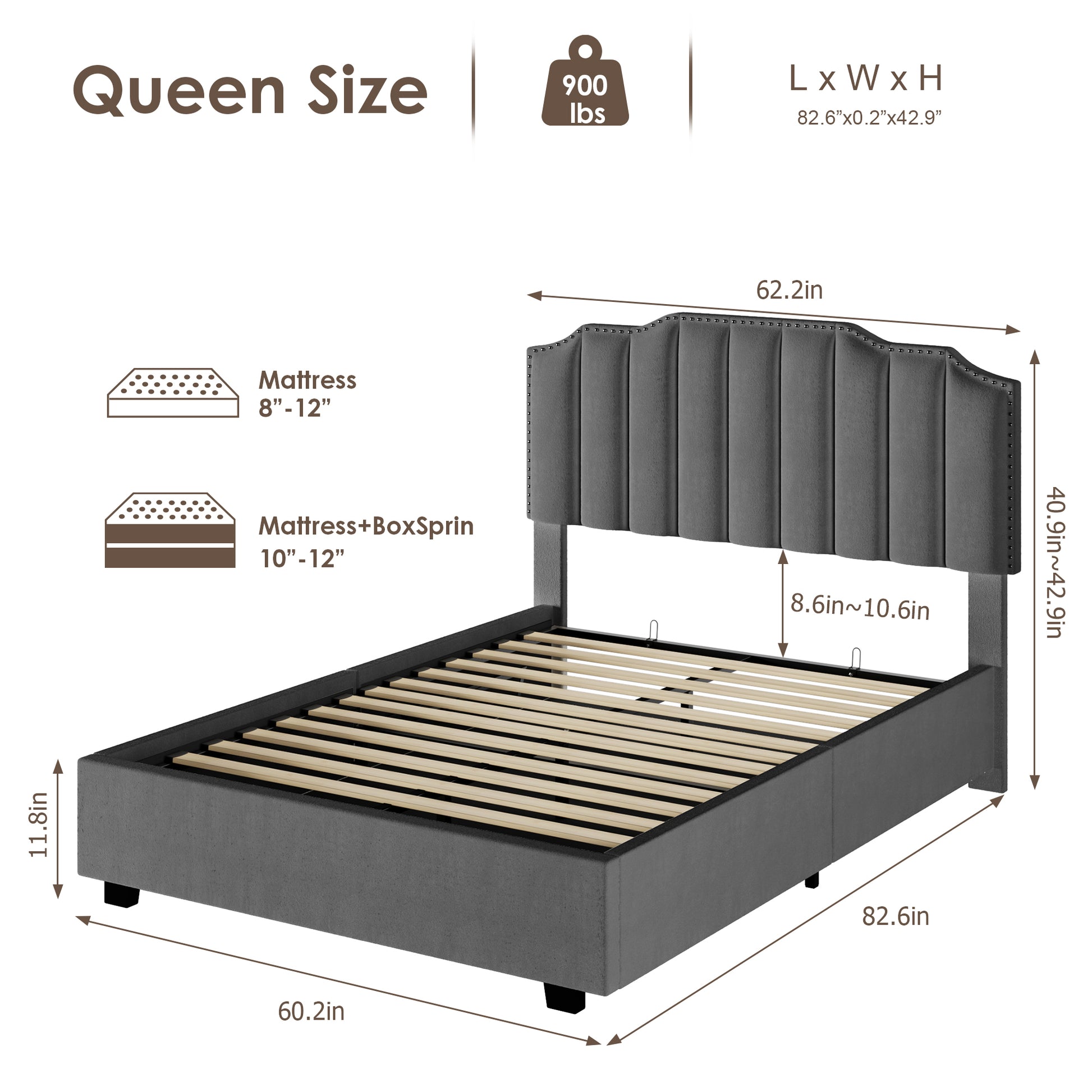 Lift Up Queen Size Bed Velvet Grey Box Spring Not Required Queen Gray Wood Light Brown Bedroom American Design Poplar Slat Beds Foam Velvet Upholstered