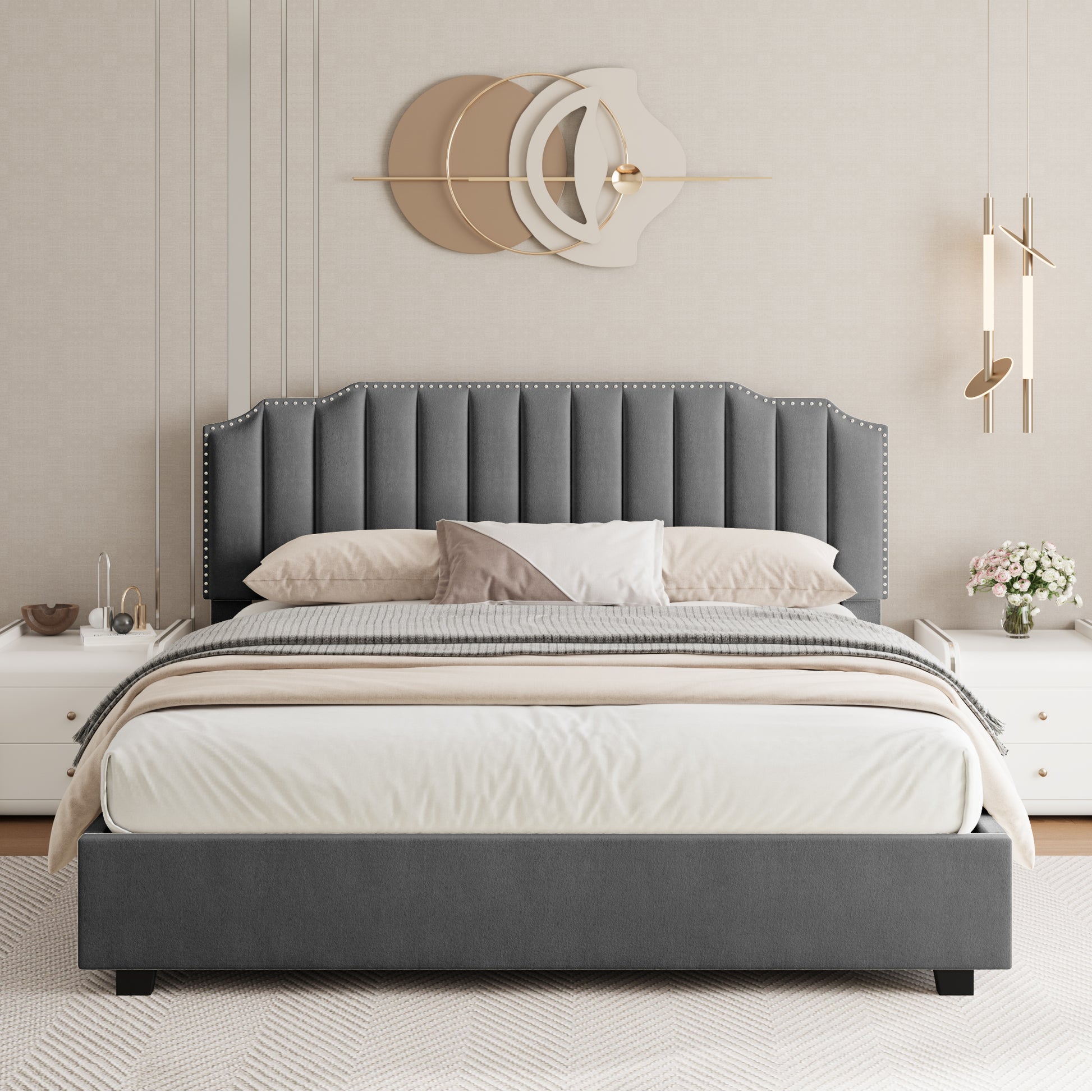 Lift Up Queen Size Bed Velvet Grey Box Spring Not Required Queen Gray Wood Light Brown Bedroom American Design Poplar Slat Beds Foam Velvet Upholstered