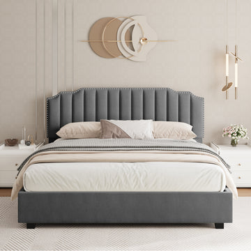 Lift Up Queen Size Bed Velvet Grey Box Spring Not Required Queen Gray Wood Light Brown Bedroom American Design Poplar Slat Beds Foam Velvet Upholstered