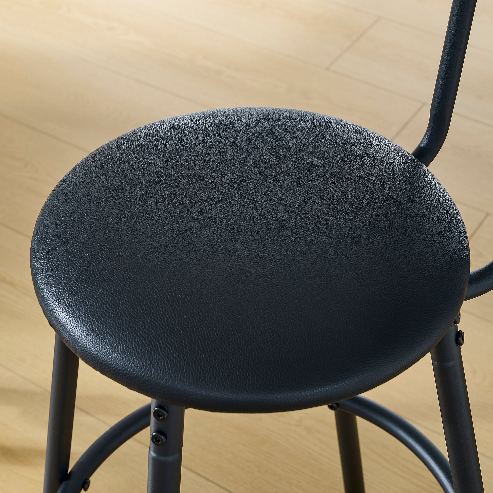 Round Bar Table And Stool Set With Shelf, Upholstered Stool With Backrest, Rustic Brown, 24.17"W X 24.17"D X 36.02"H Upholstered Chair Wood Antique Brown Seats 2 Metal Dining Room Antique 4 Leg Round Dining Table With Chair Metal & Wood