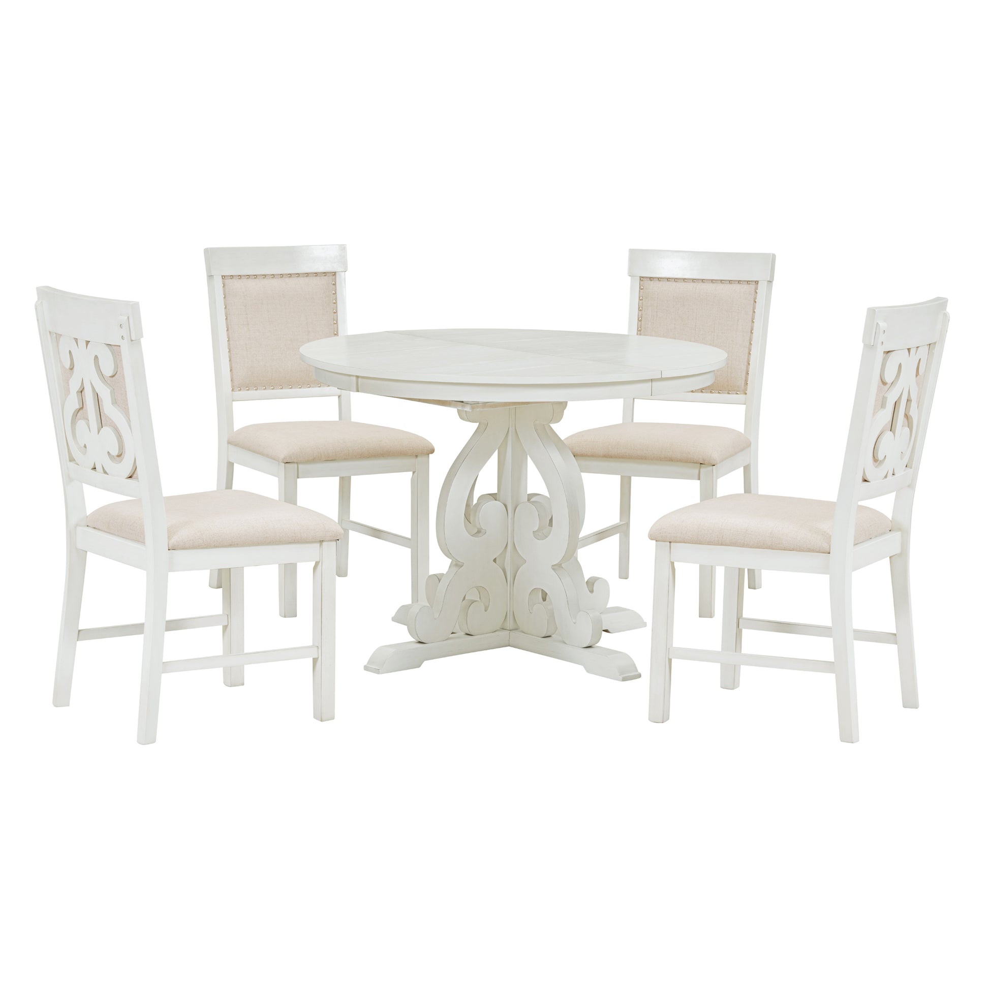 5 Piece Retro Functional Dining Set, 1 Extendable Table With A 16 Inch Leaf And 4 Upholstered Chairs For Dining Room And Kitchen Antique White Antique White Solid Wood