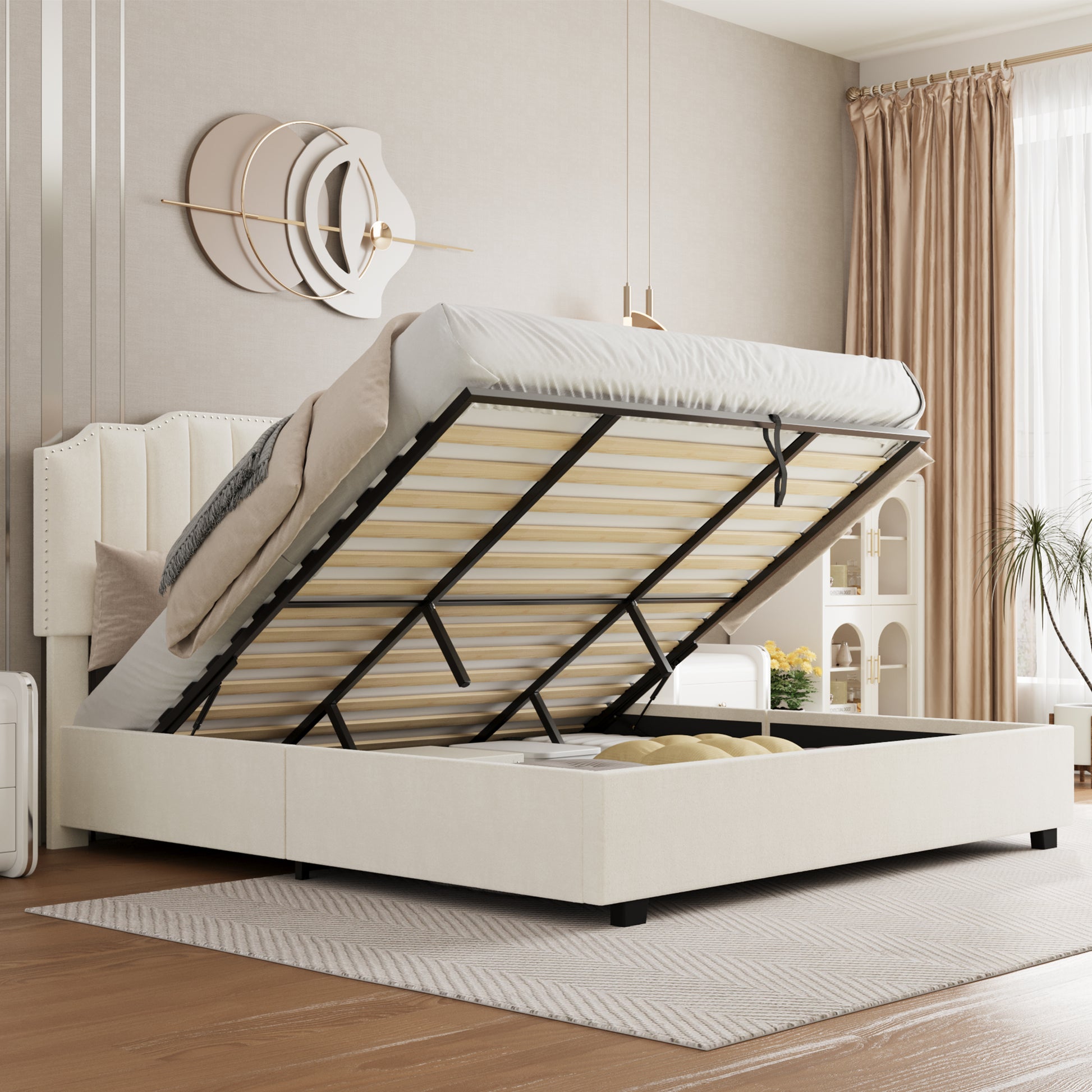 Lift Up Beige Velvet Full Size Bed Box Spring Not Required Full Beige Wood Light Brown Bedroom American Design Poplar Slat Beds Foam Velvet Upholstered