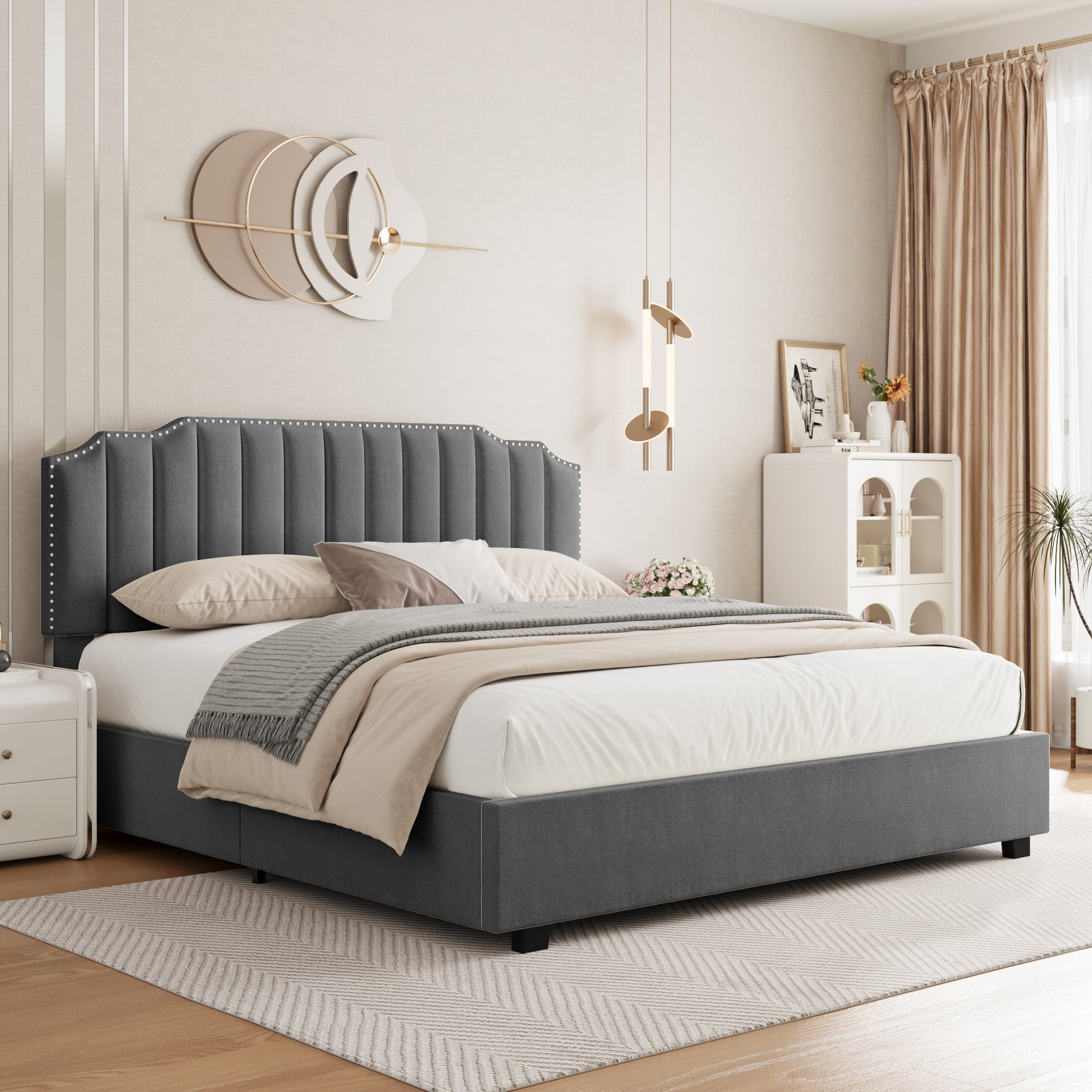 Lift Up Queen Size Bed Velvet Grey Box Spring Not Required Queen Gray Wood Light Brown Bedroom American Design Poplar Slat Beds Foam Velvet Upholstered