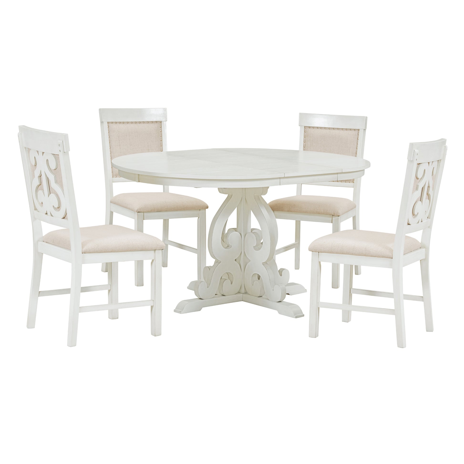 5 Piece Retro Functional Dining Set, 1 Extendable Table With A 16 Inch Leaf And 4 Upholstered Chairs For Dining Room And Kitchen Antique White Antique White Solid Wood