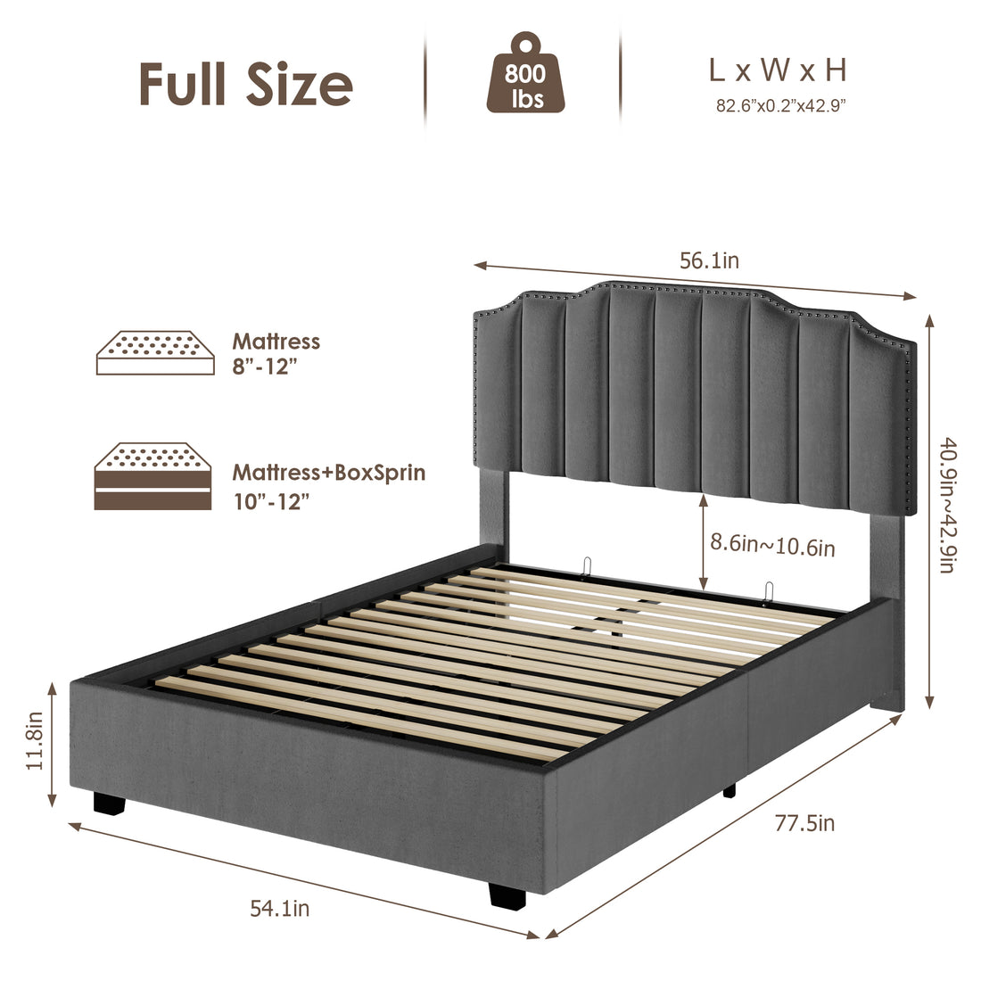Lift Up Double Size Bed Gray Velvet Box Spring Not Required Full Gray Wood Light Brown Bedroom American Design Poplar Slat Beds Metal & Wood Velvet Upholstered