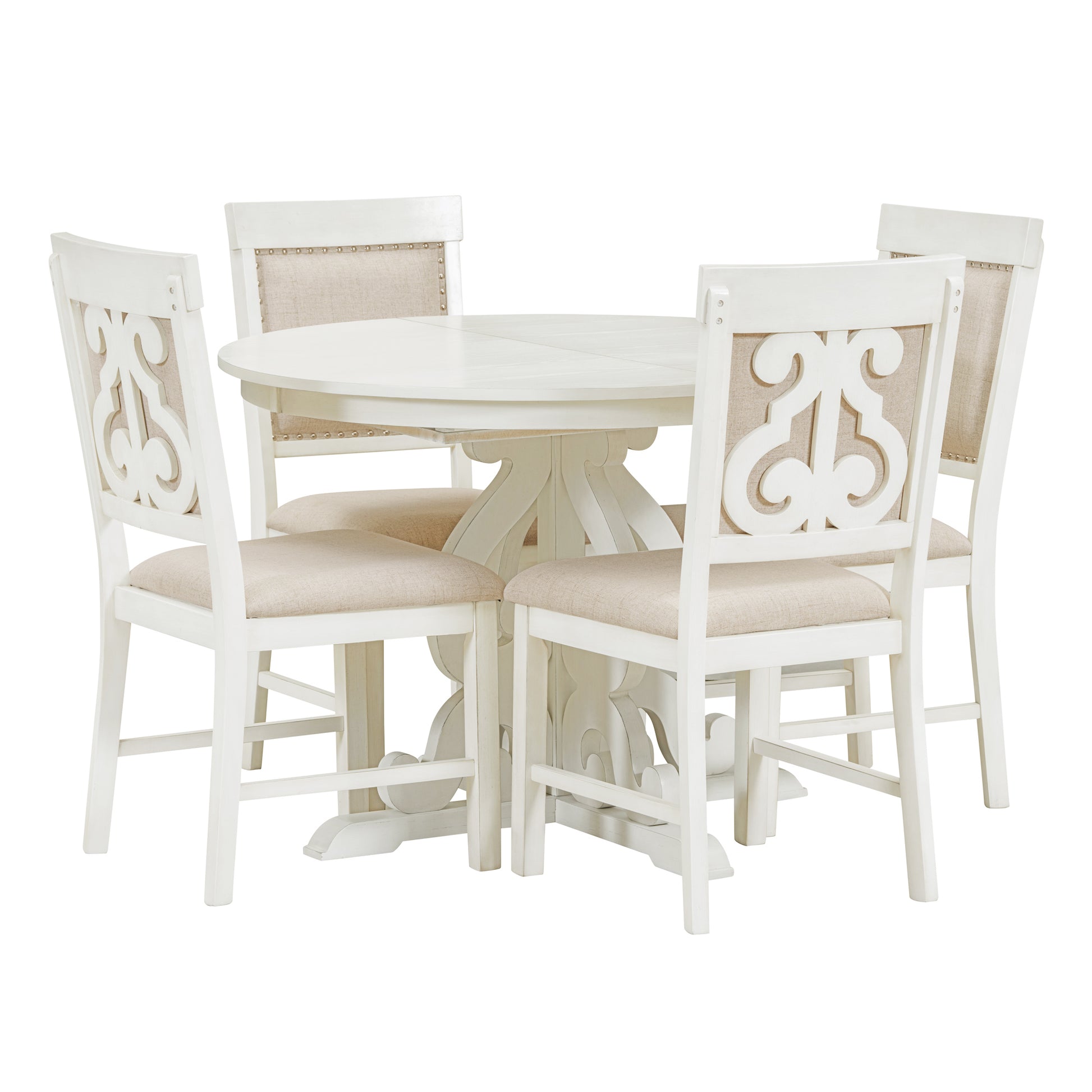 5 Piece Retro Functional Dining Set, 1 Extendable Table With A 16 Inch Leaf And 4 Upholstered Chairs For Dining Room And Kitchen Antique White Antique White Solid Wood