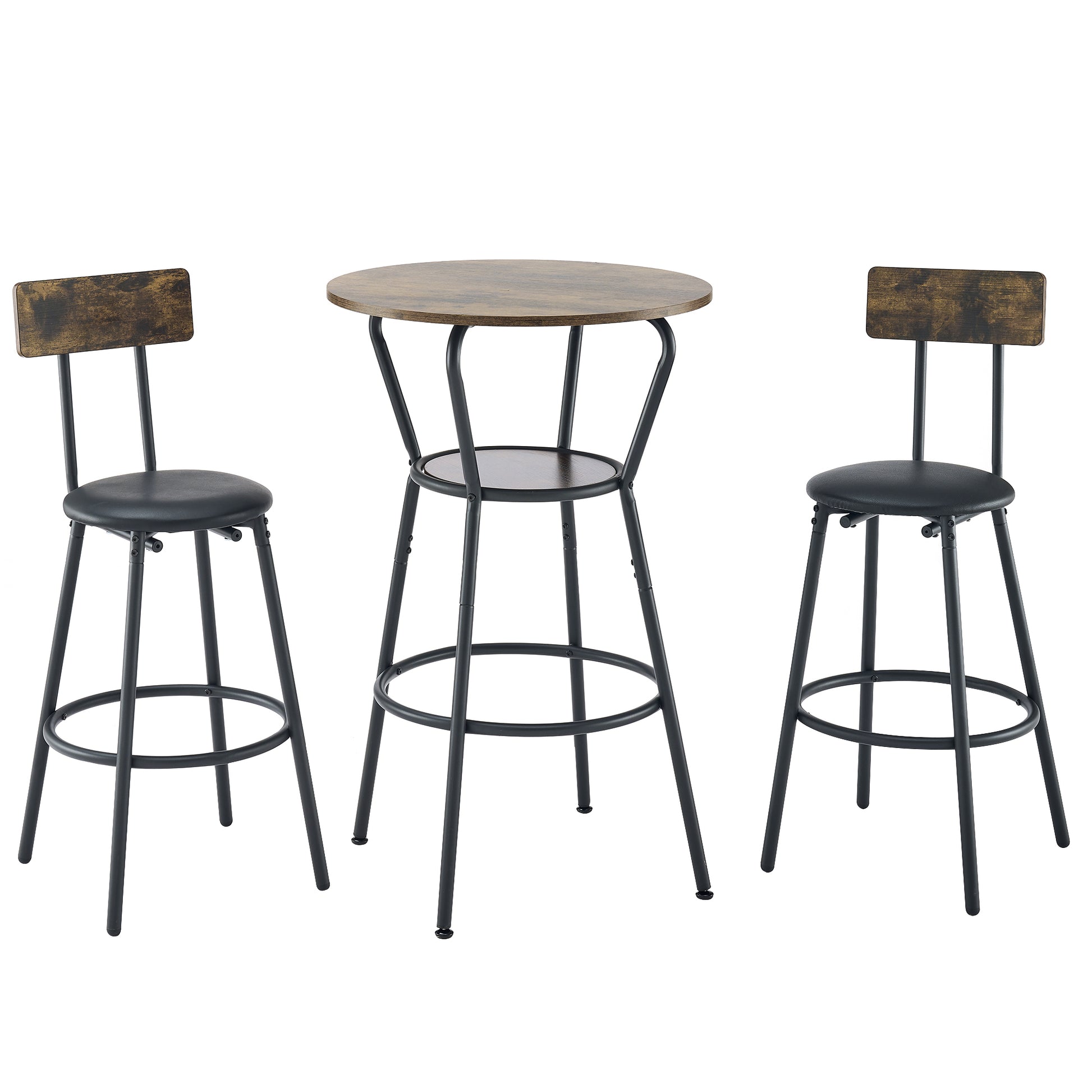 Round Bar Table And Stool Set With Shelf, Upholstered Stool With Backrest, Rustic Brown, 24.17"W X 24.17"D X 36.02"H Upholstered Chair Wood Antique Brown Seats 2 Metal Dining Room Antique 4 Leg Round Dining Table With Chair Metal & Wood