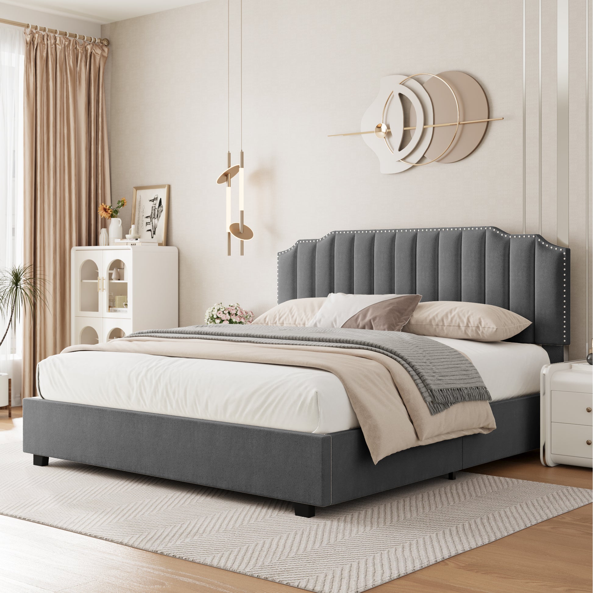 Lift Up Double Size Bed Gray Velvet Box Spring Not Required Full Gray Wood Light Brown Bedroom American Design Poplar Slat Beds Metal & Wood Velvet Upholstered