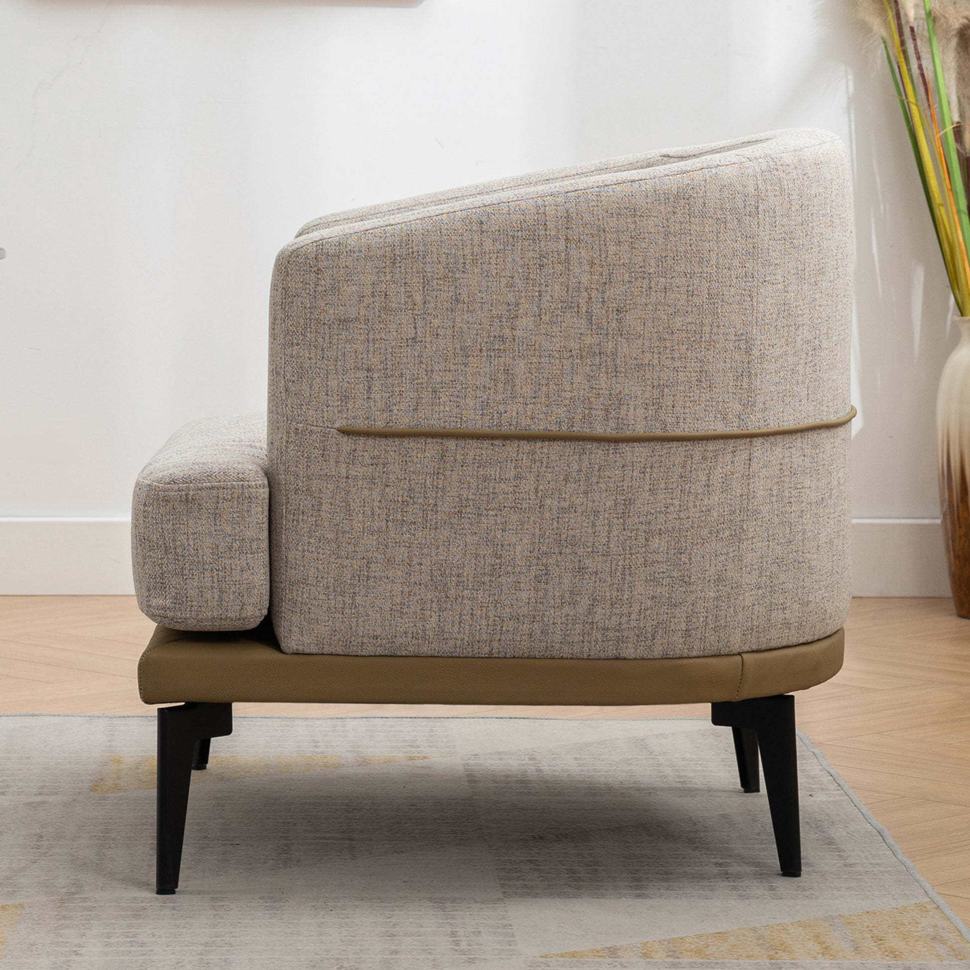 Modern Two Tone Barrel Fabric Chair, Upholstered Round Armchair For Living Room Bedroom Reading Room, Mustard Green Mustard Linen