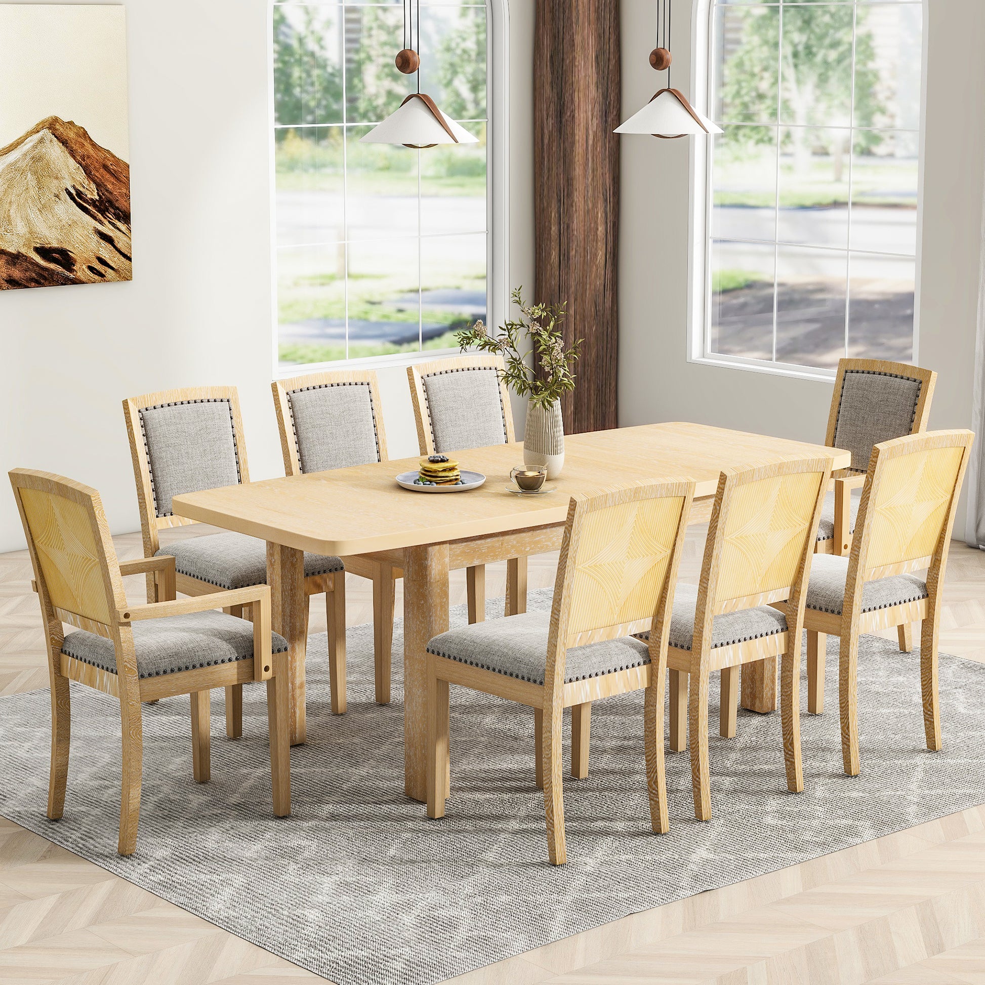 Rustic Extendable 84Inch Dining Table Set With 24Inch Removable Leaf6 Upholstered Armless Dining Chairs And 2 Padded Arm Chairs, 9 Pieces, Natural Wood Dining Room Extendable Rubberwood Rectangular Dining Table With Chair Upholstered Chair Wood Natural