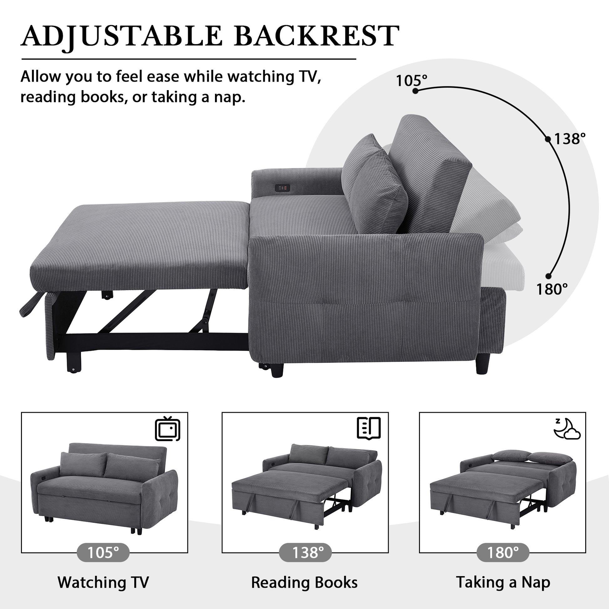 57.48" Pull Out Sofa Bed Convertible Couch 2 Seat Loveseat Sofa Modern Sleeper Sofa With Two Throw Pillows And Usb Ports For Living Room, Dark Grey Dark Grey Foam Corduroy