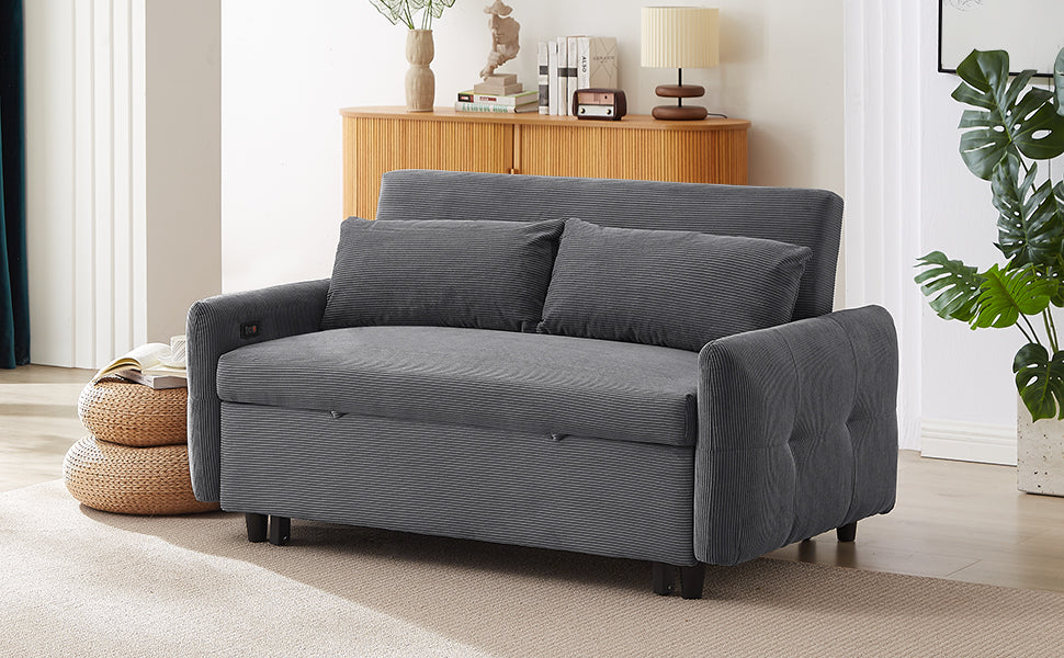 57.48" Pull Out Sofa Bed Convertible Couch 2 Seat Loveseat Sofa Modern Sleeper Sofa With Two Throw Pillows And Usb Ports For Living Room, Dark Grey Old Sku:Wf317760Aar Dark Grey Foam Corduroy 2 Seat